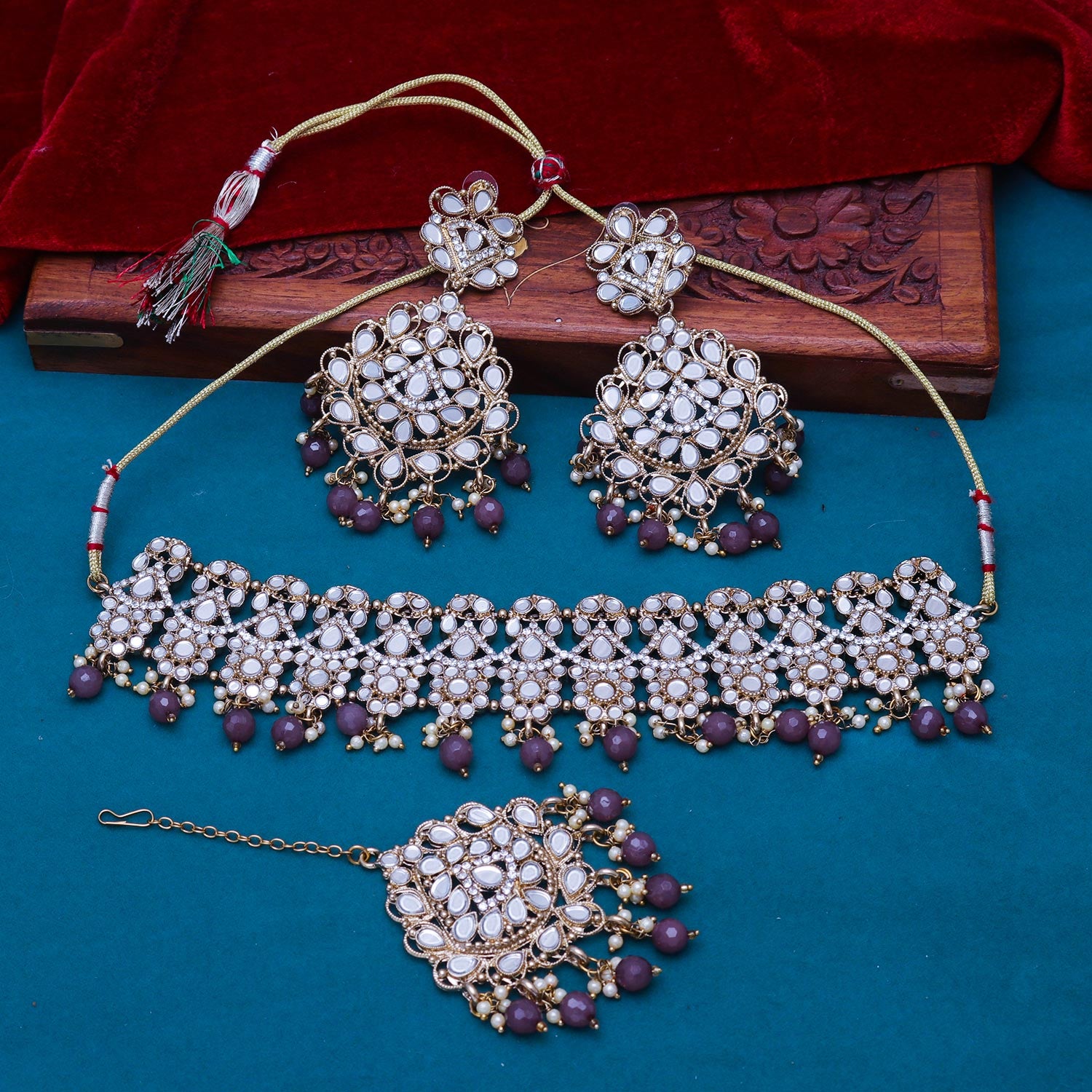 Sukkhi seductive Brown Mirror & Pearl Gold Plated Choker Necklace Set for Women