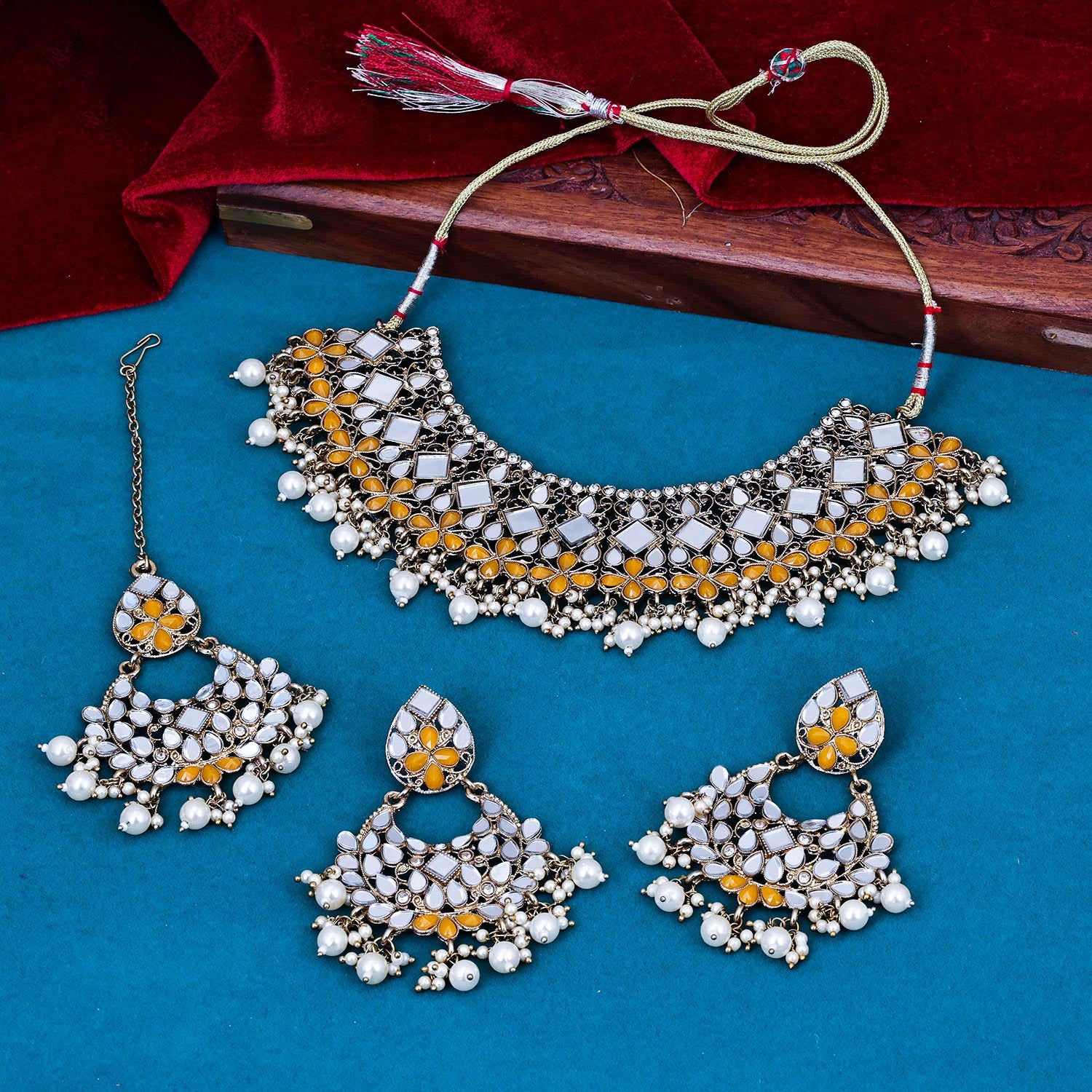 Sukkhi eye-catching Yellow Mirror & Pearl Gold Plated Choker Necklace Set for Women