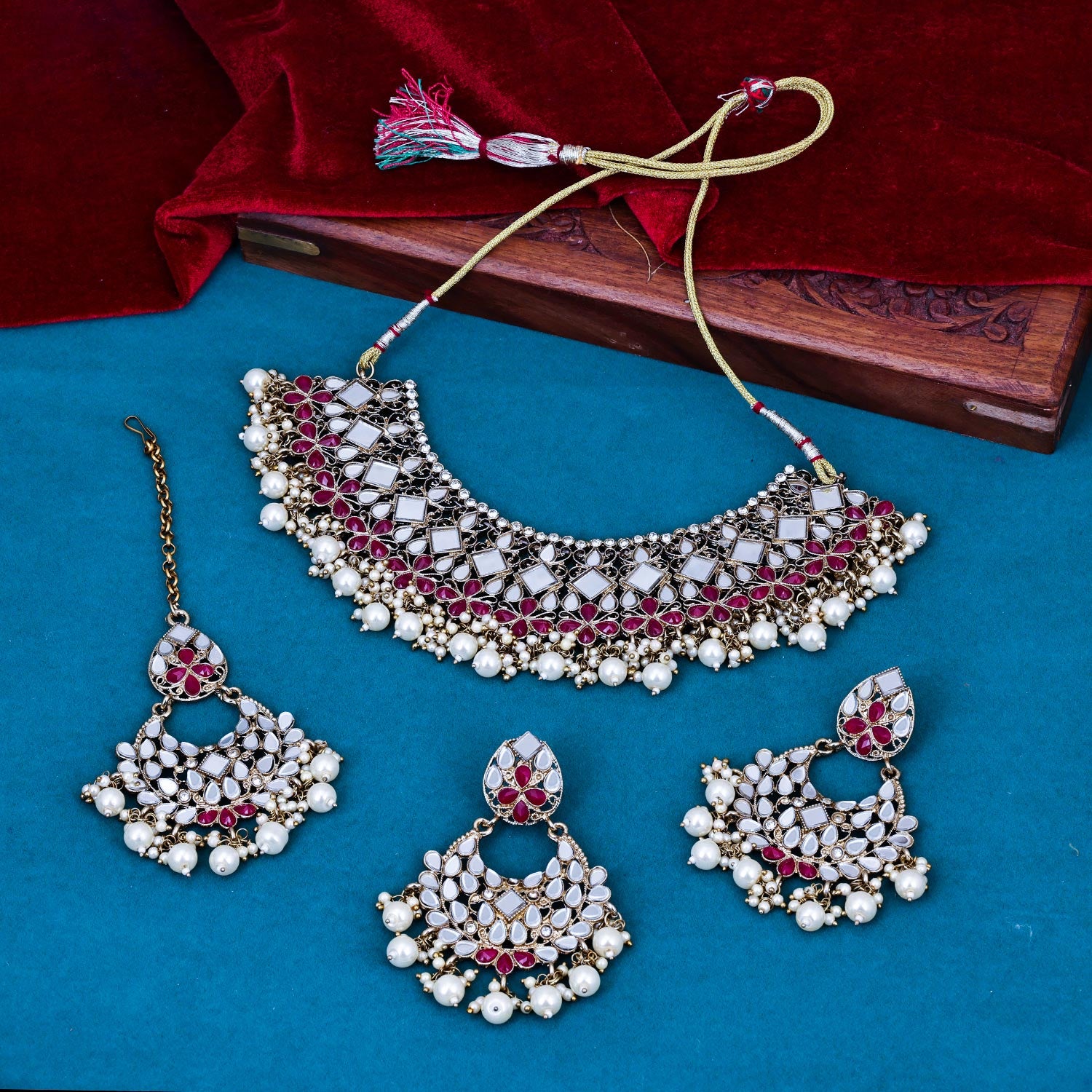 Sukkhi flashy Pink Mirror & Pearl Gold Plated Choker Necklace Set for Women