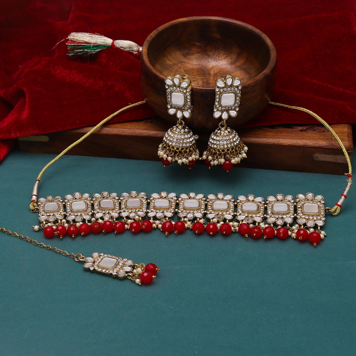 Sukkhi slick Red Mirror & Pearl Gold Plated Choker Necklace Set for Women