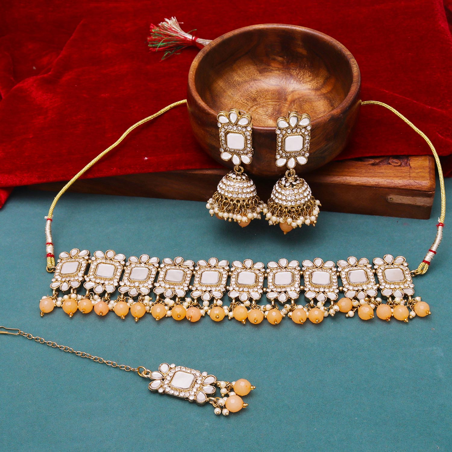 Sukkhi snazzy Peach Mirror & Pearl Gold Plated Choker Necklace Set for Women
