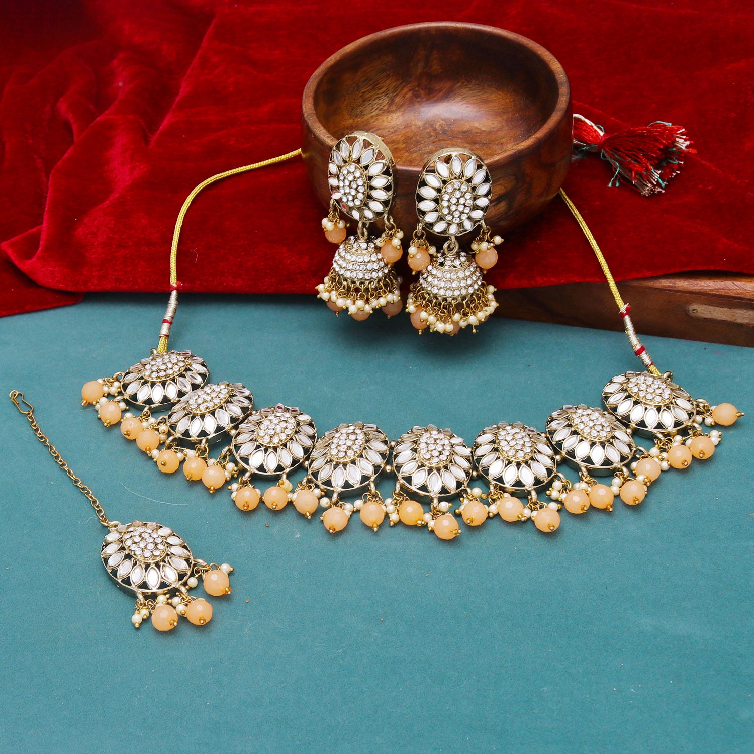 Sukkhi photogenic Peach Mirror & Pearl Gold Plated Choker Necklace Set for Women