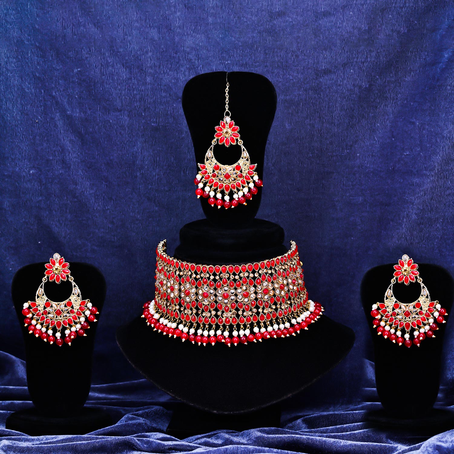 Sukkhi high-grade Red Kundan & Pearl Gold Plated Choker Necklace Set for Women