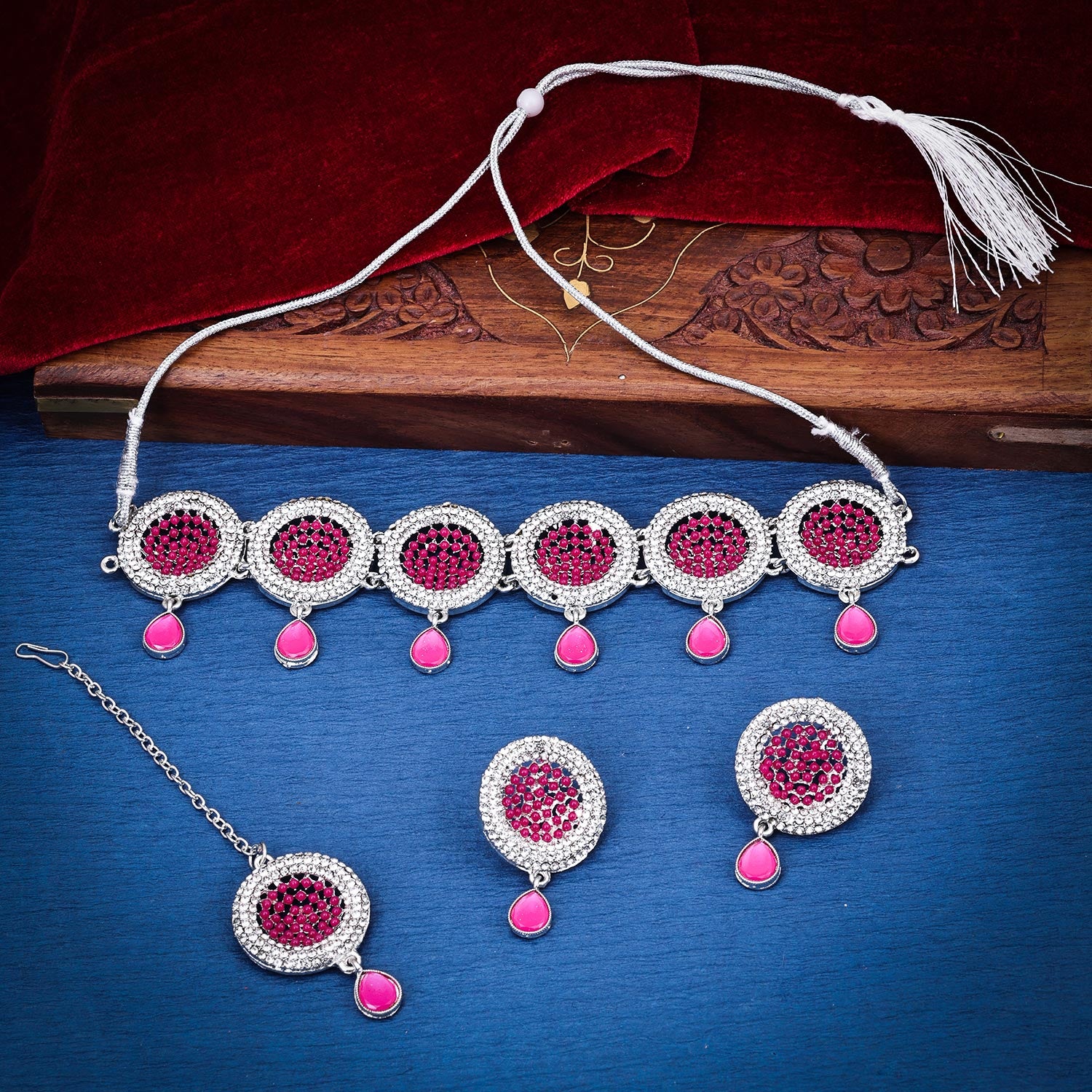 Sukkhi alluring Ruby AD & Pearl Rhodium Plated Choker Necklace Set for Women