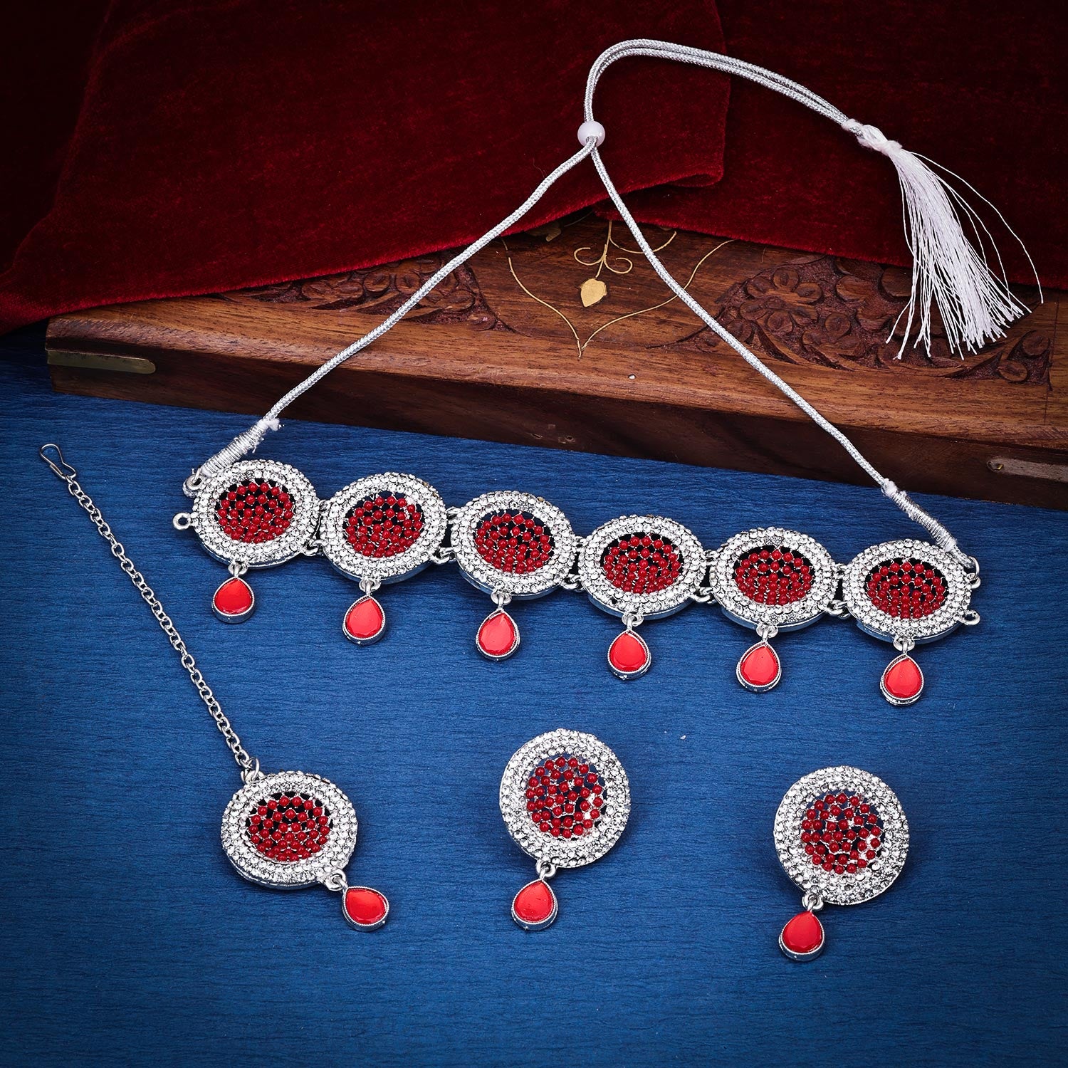 Sukkhi appealing Red AD & Pearl Rhodium Plated Choker Necklace Set for Women