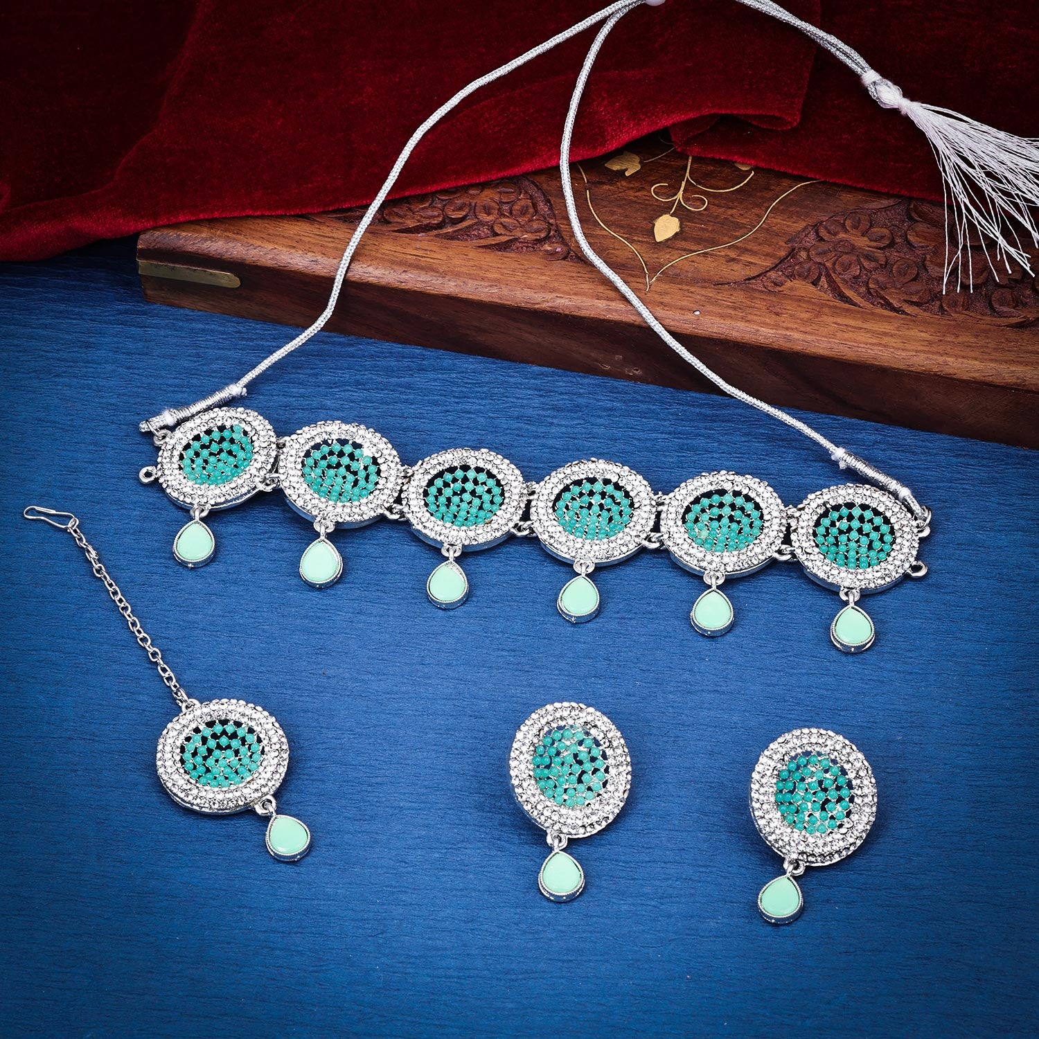 Sukkhi bewitching Aqua AD & Pearl Rhodium Plated Choker Necklace Set for Women