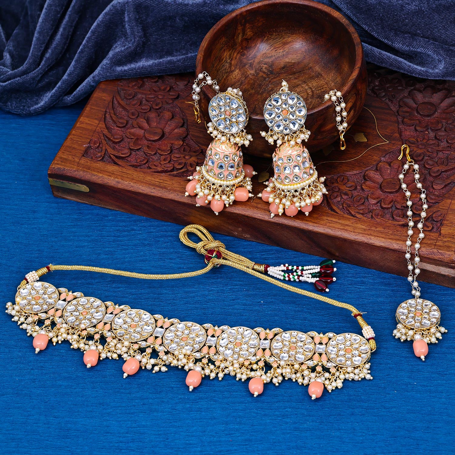 Sukkhi fair Peach Kundan & Pearl Gold Plated Choker Necklace Set for Women
