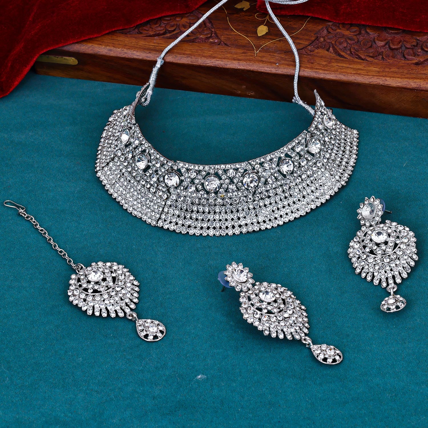Sukkhi sightly Silver AD Rhodium Plated Choker Necklace Set for Women