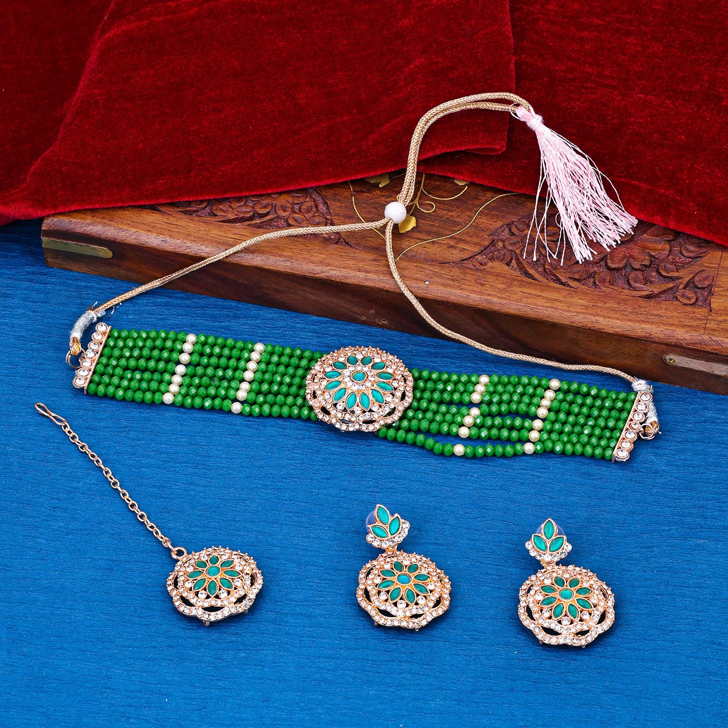 Sukkhi sublime Pista Green AD & Pearl Gold Plated Choker Necklace Set for Women