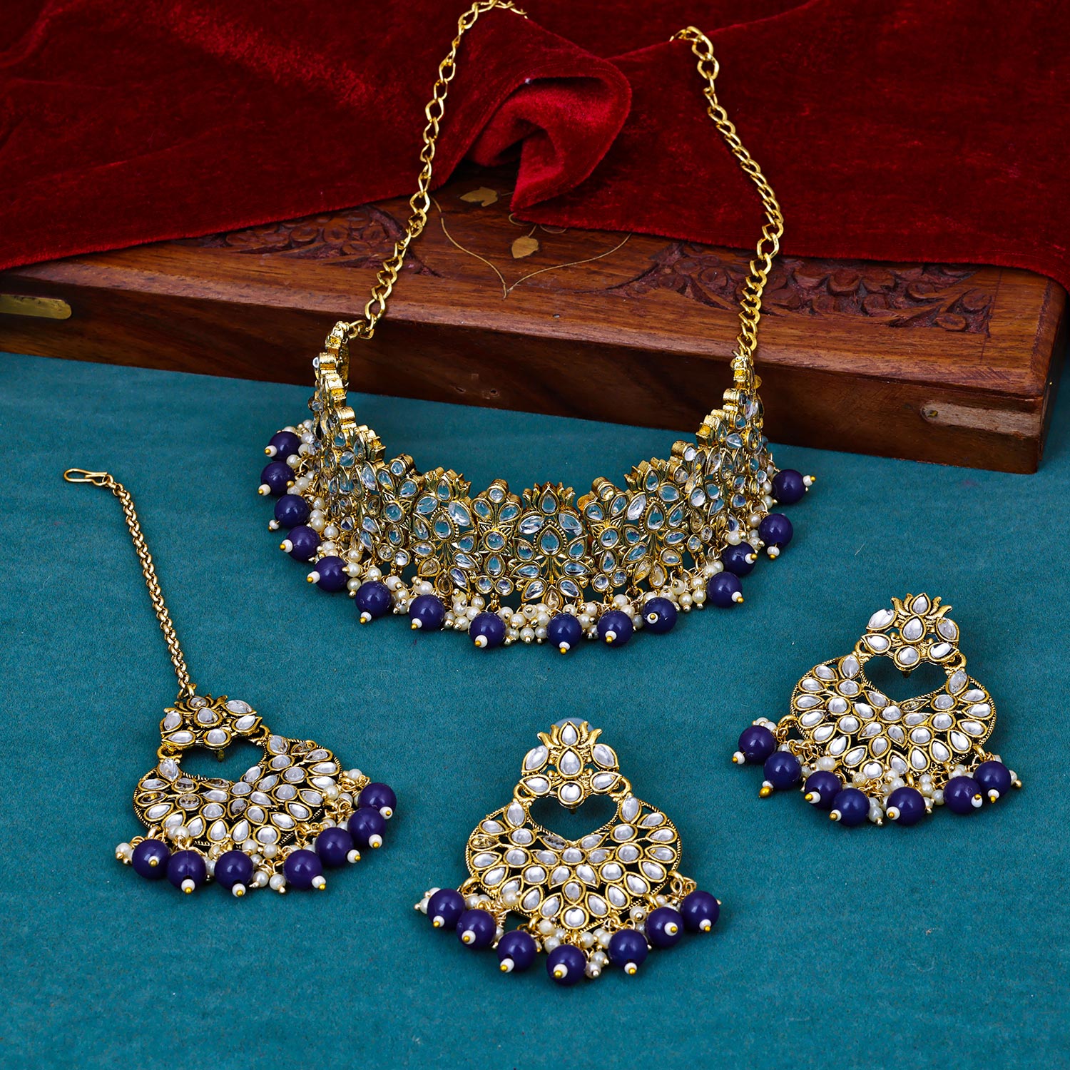 Sukkhi hot Navy Blue Kundan & Pearl Gold Plated Choker Necklace Set for Women
