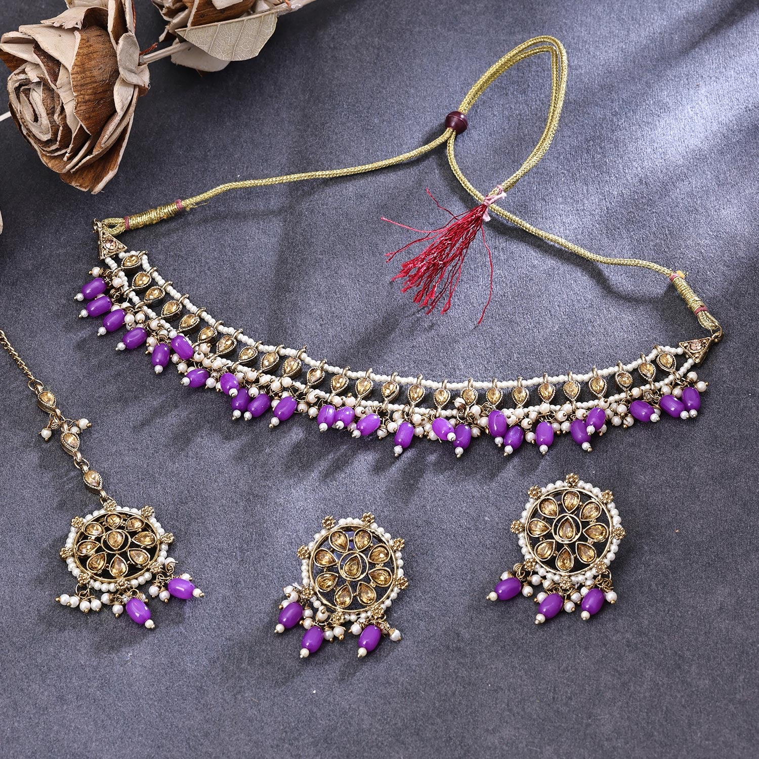 Sukkhi Glorious Gold Plated Reverse AD & Pearl Purple Necklace Set for Women