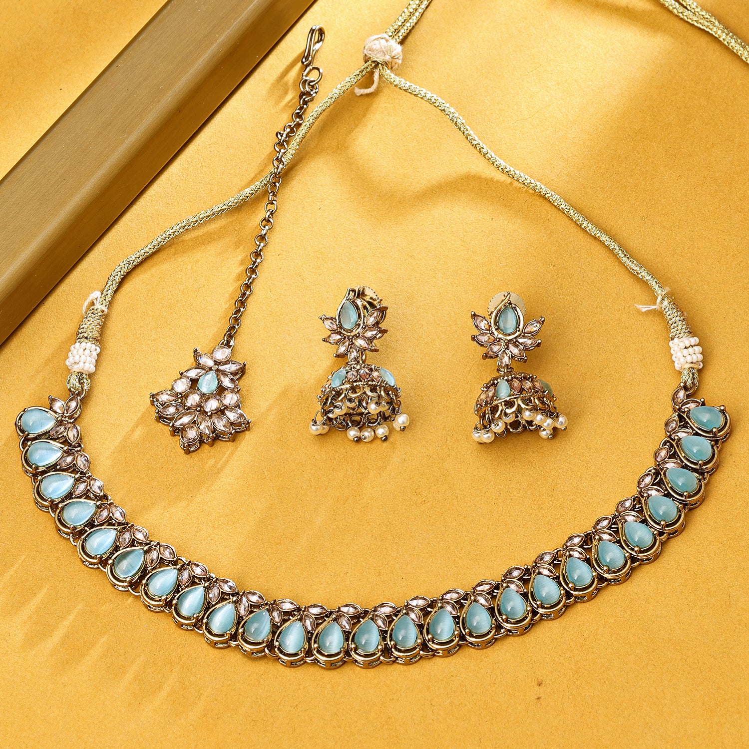 Sukkhi Gold Plated Aqua Reverse AD & Pearl Choker Necklace Set for Women
