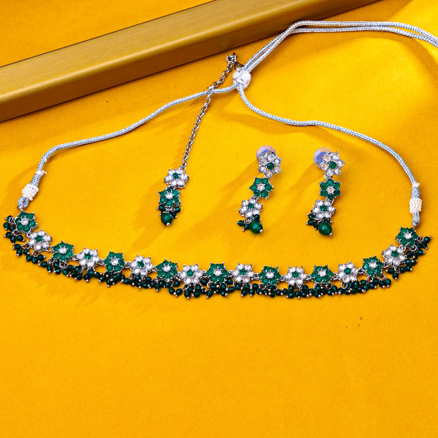 Sukkhi Rhodium Plated Green Reverse AD & Pearl Choker Necklace Set for Women