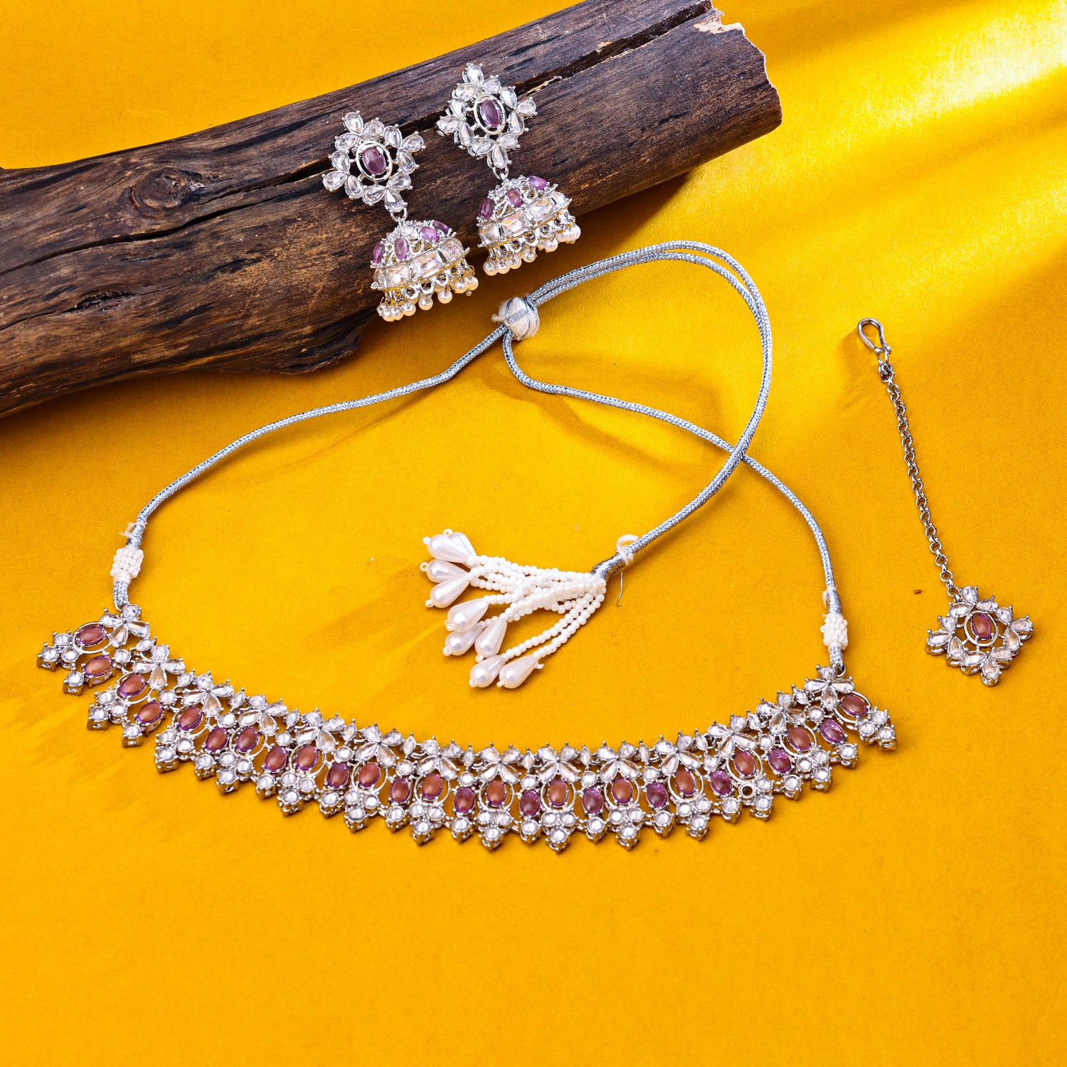 Sukkhi Rhodium Plated Purple Reverse AD & Pearl Choker Necklace Set for Women