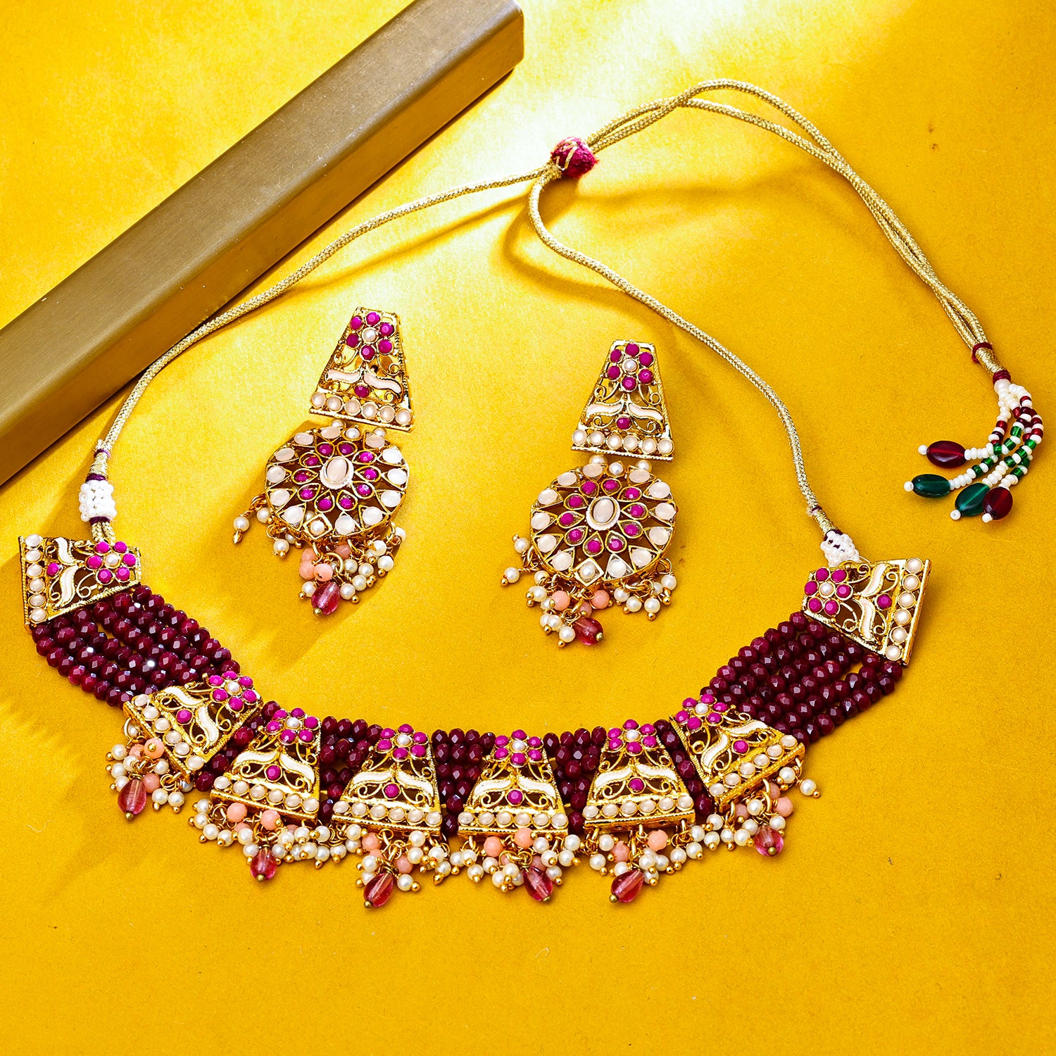 Sukkhi Gold Plated Maroon Reverse AD & Pearl Choker Necklace Set for Women