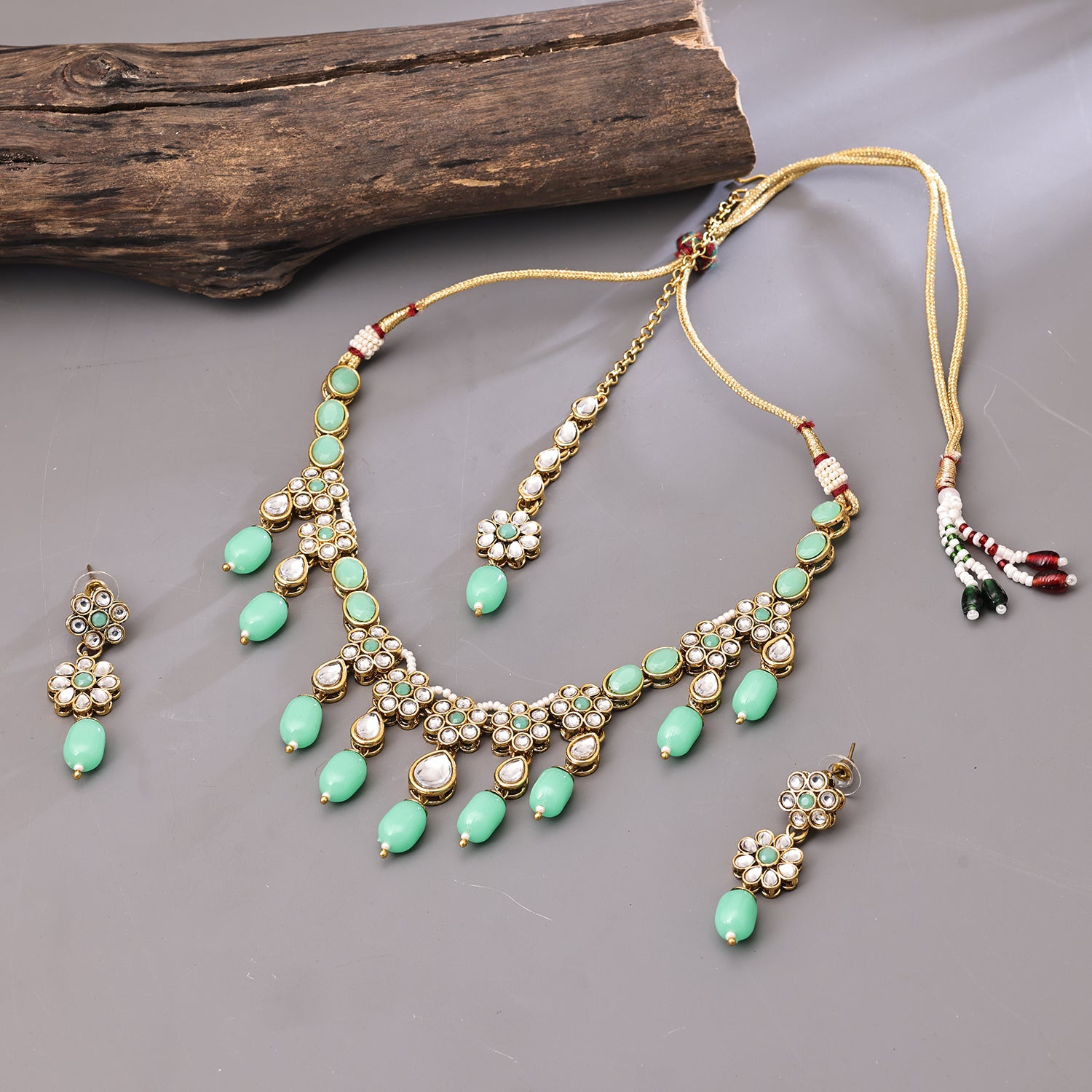 Sukkhi Gold Plated Green Kundan & Pearl Choker Necklace Set for Women