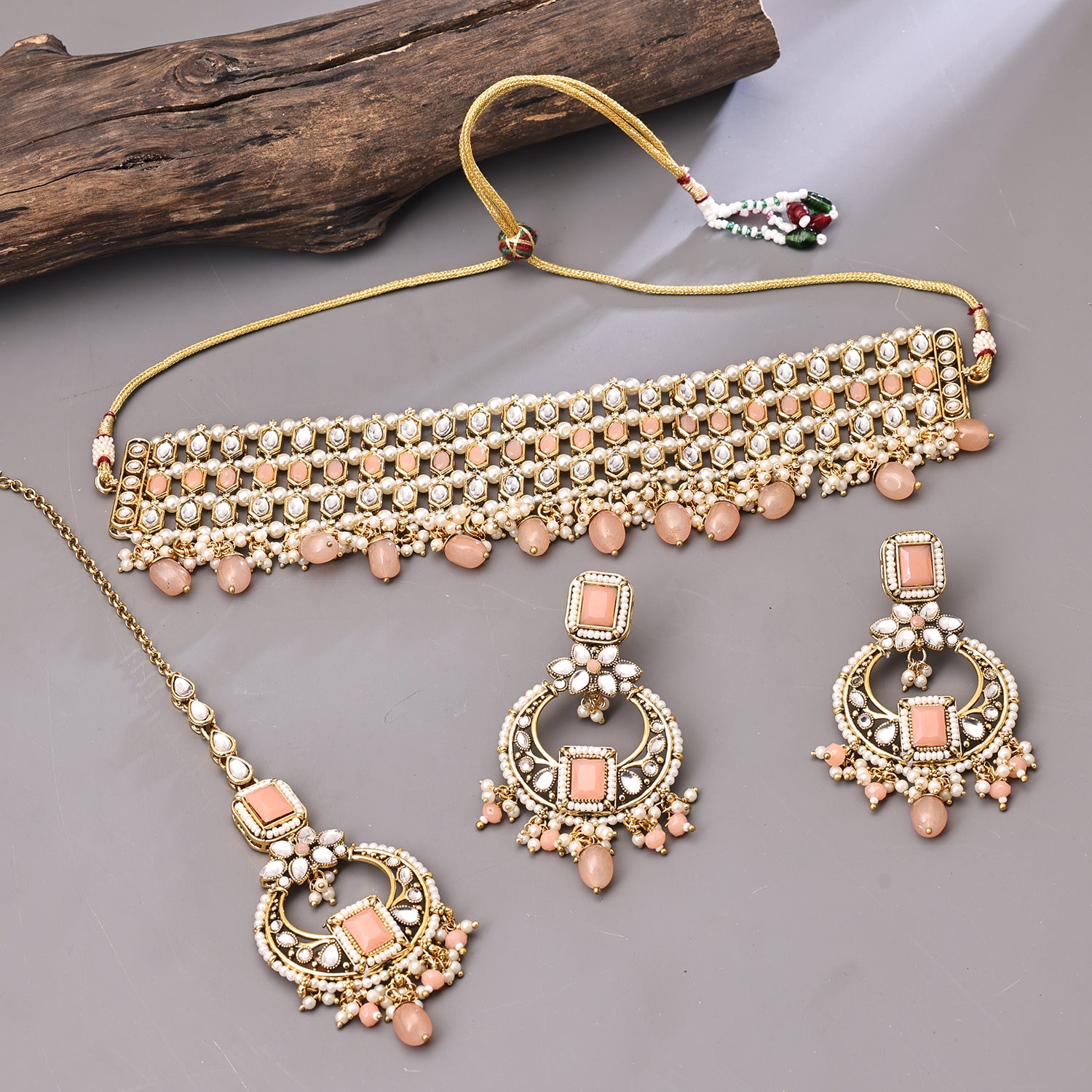 Sukkhi Gold Plated Peach Kundan & Pearl Choker Necklace Set for Women