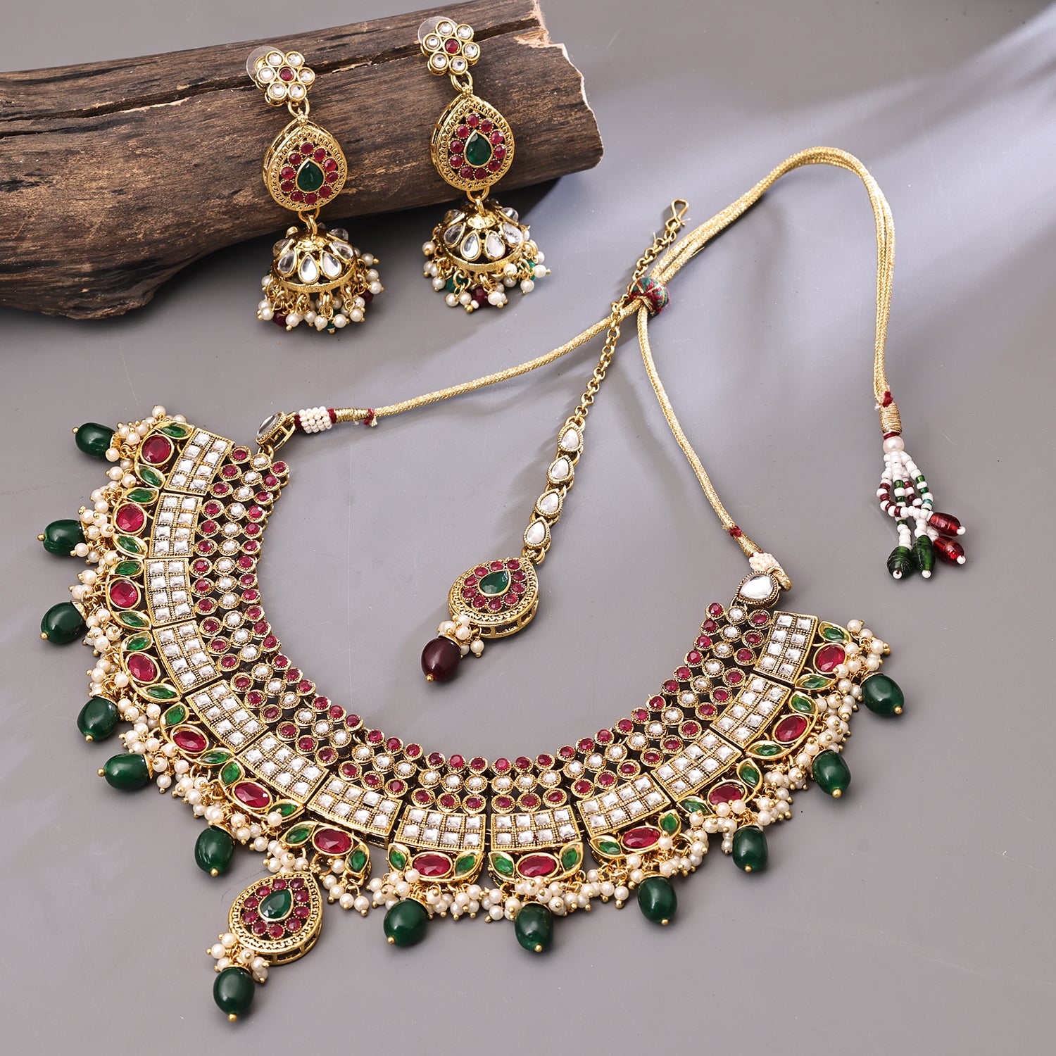 Sukkhi Gold Plated Green Kundan & Pearl Choker Necklace Set for Women
