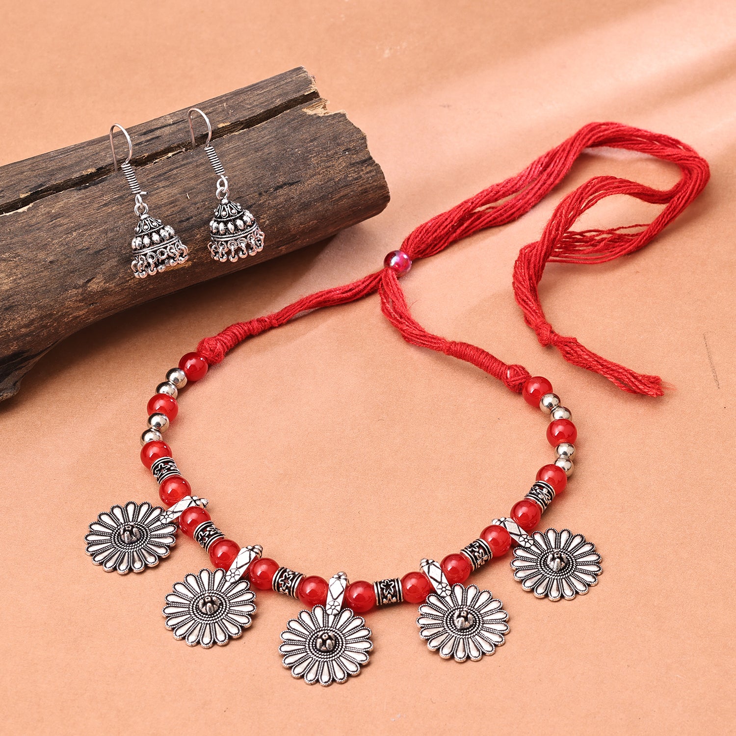 Sukkhi Oxidised Red Pearl Choker Necklace Set for Women
