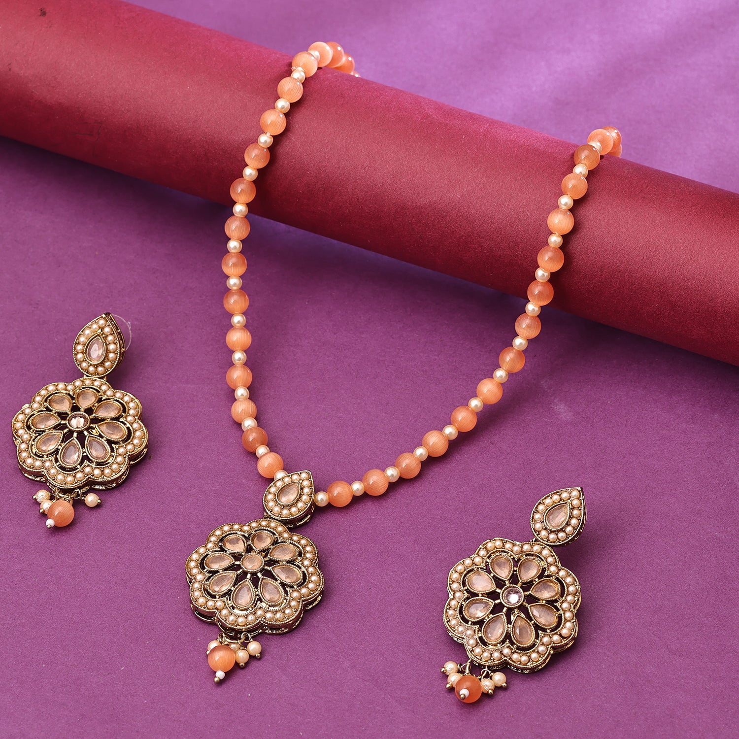 Sukkhi Gold Plated Orange Pearl Necklace Set for Women