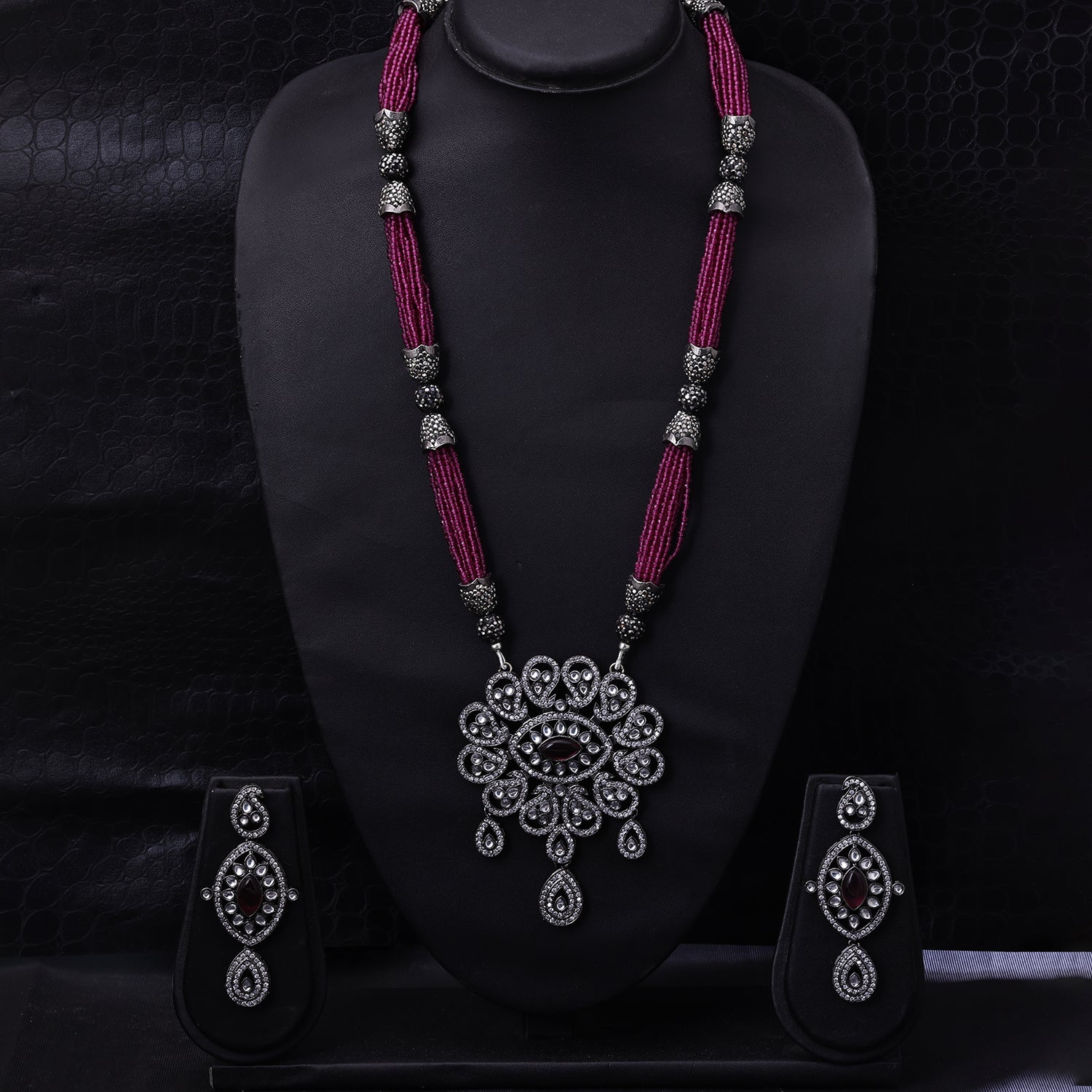 Sukkhi Rhodium Plated Pink CZ Long Necklace Set for Women