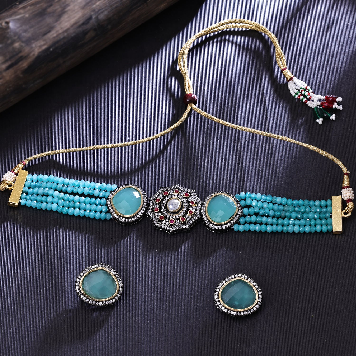 Sukkhi Rhodium Plated Green CZ & Pearl Choker Necklace Set for Women