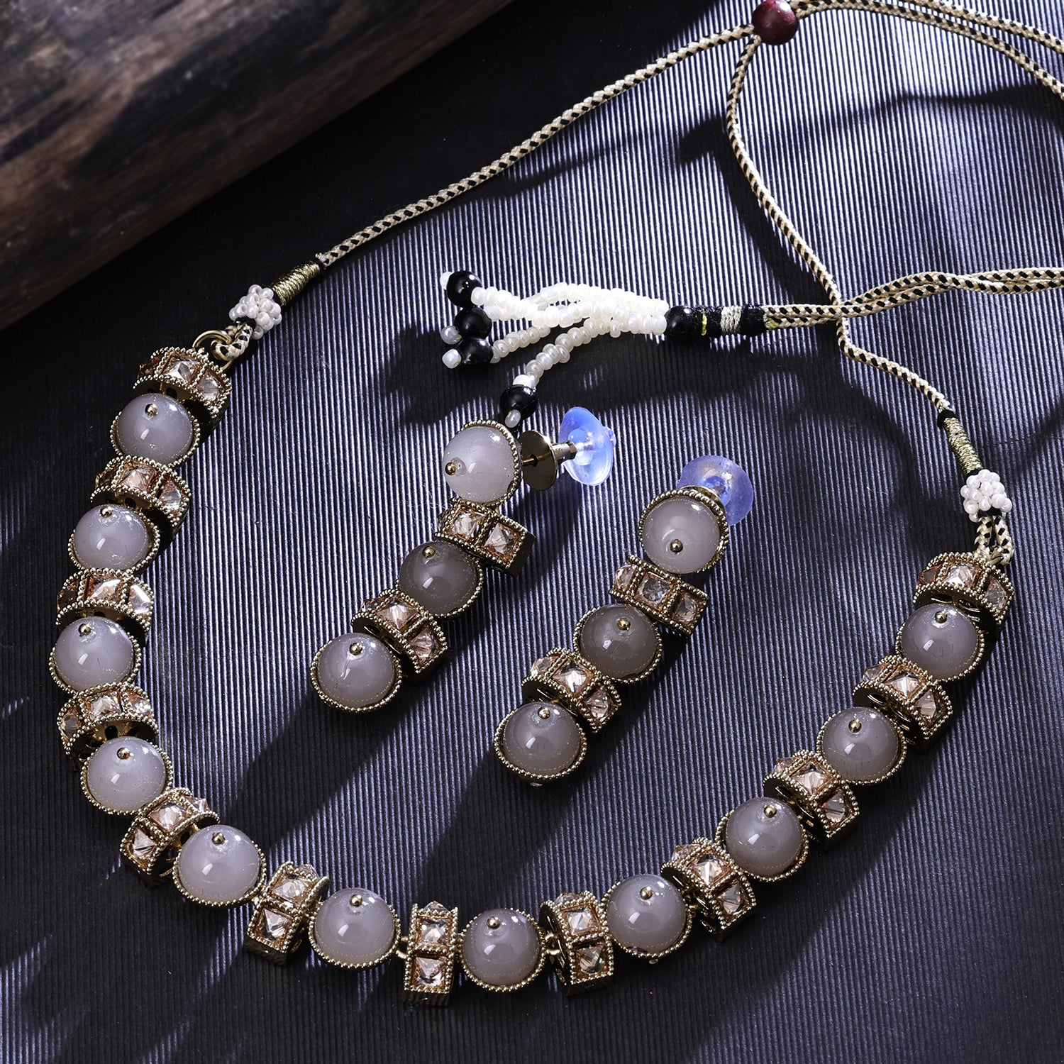 Sukkhi Gold Plated Grey Reverse AD & Pearl Choker Necklace Set for Women