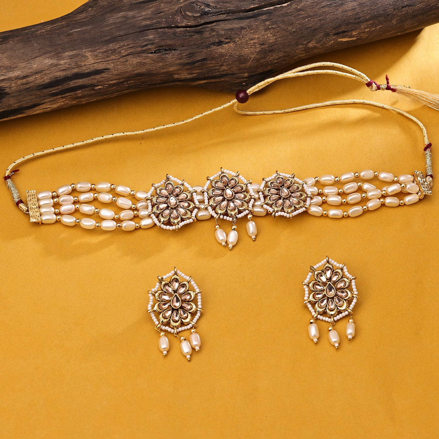 Sukkhi Gold Plated Golden Reverse AD & Pearl Choker Necklace Set for Women