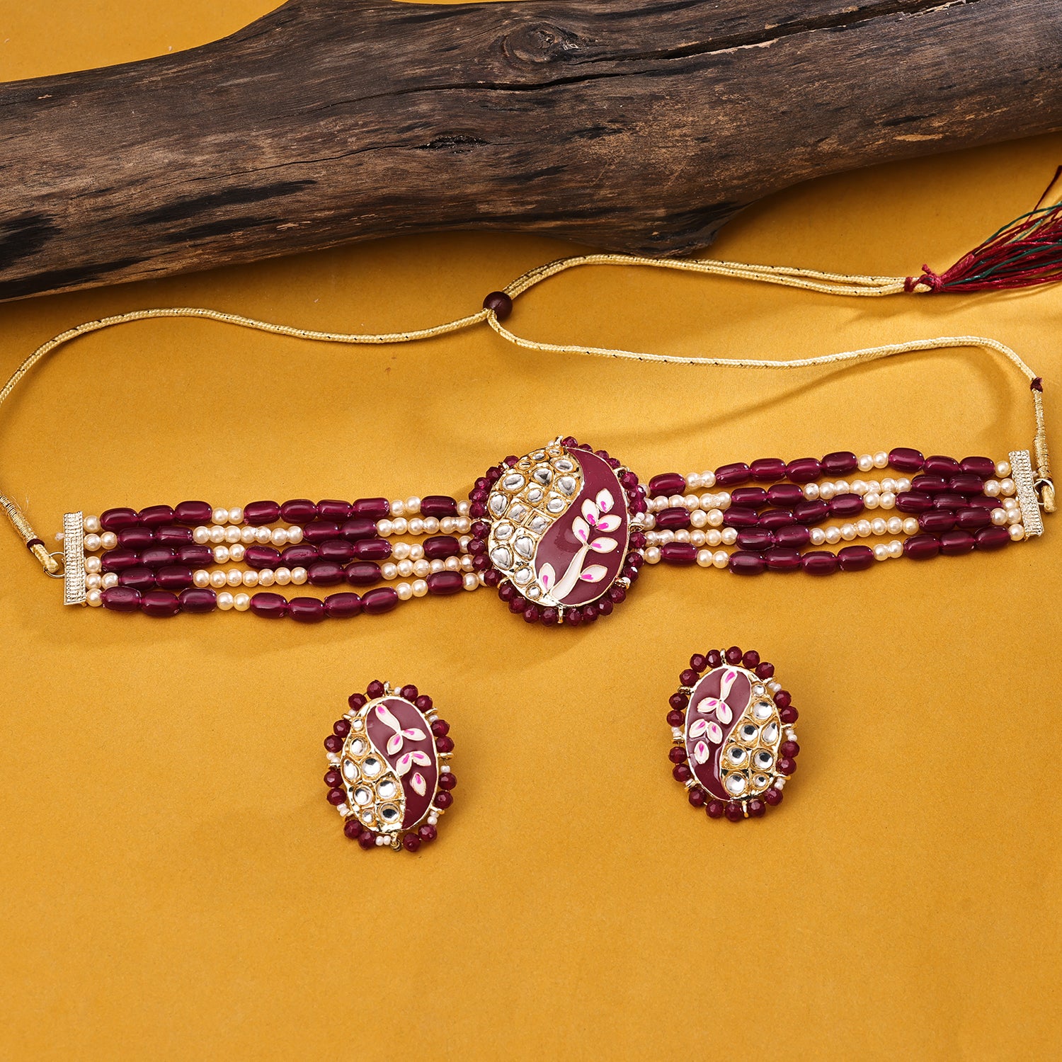 Sukkhi Gold Plated Maroon Kundan & Pearl Choker Necklace Set for Women