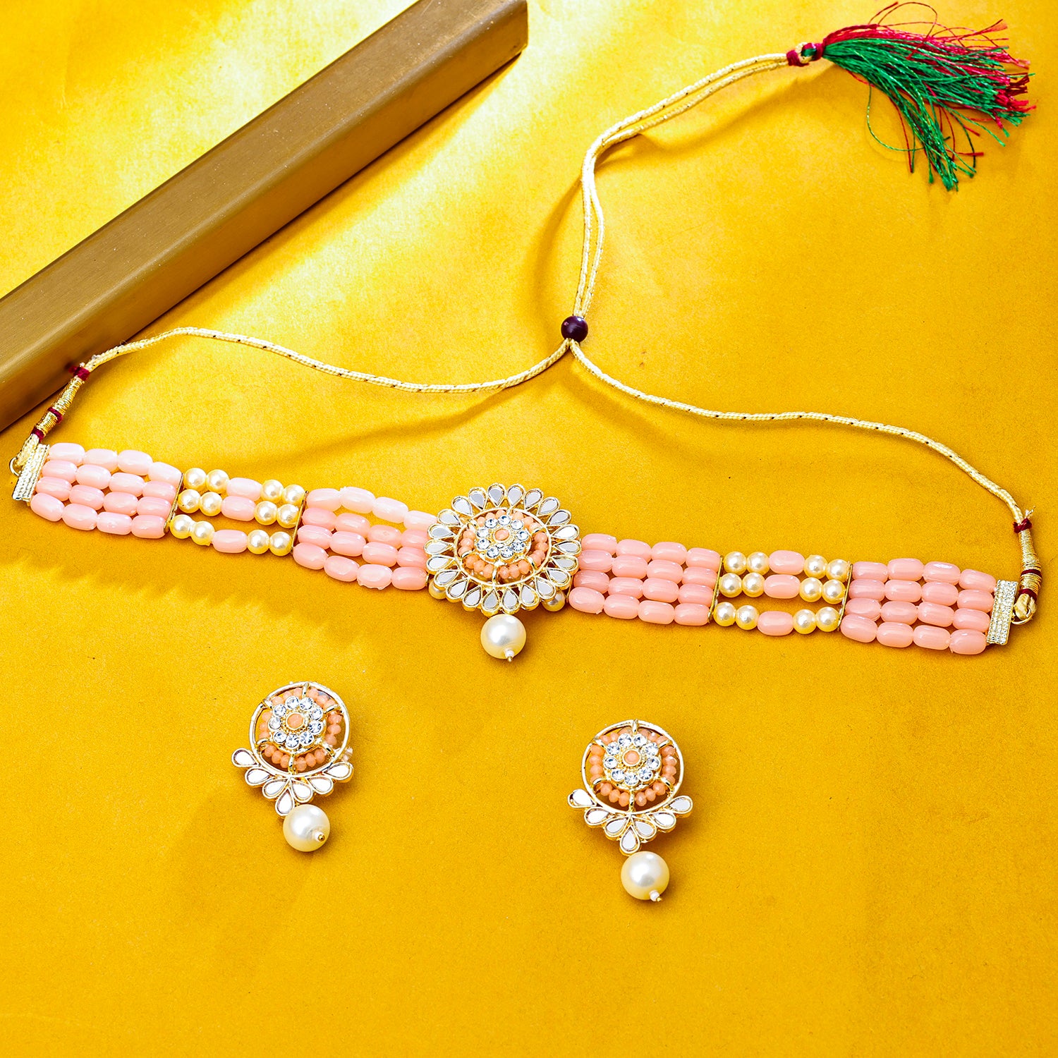 Sukkhi Gold Plated Pink Mirror & Pearl Choker Necklace Set for Women