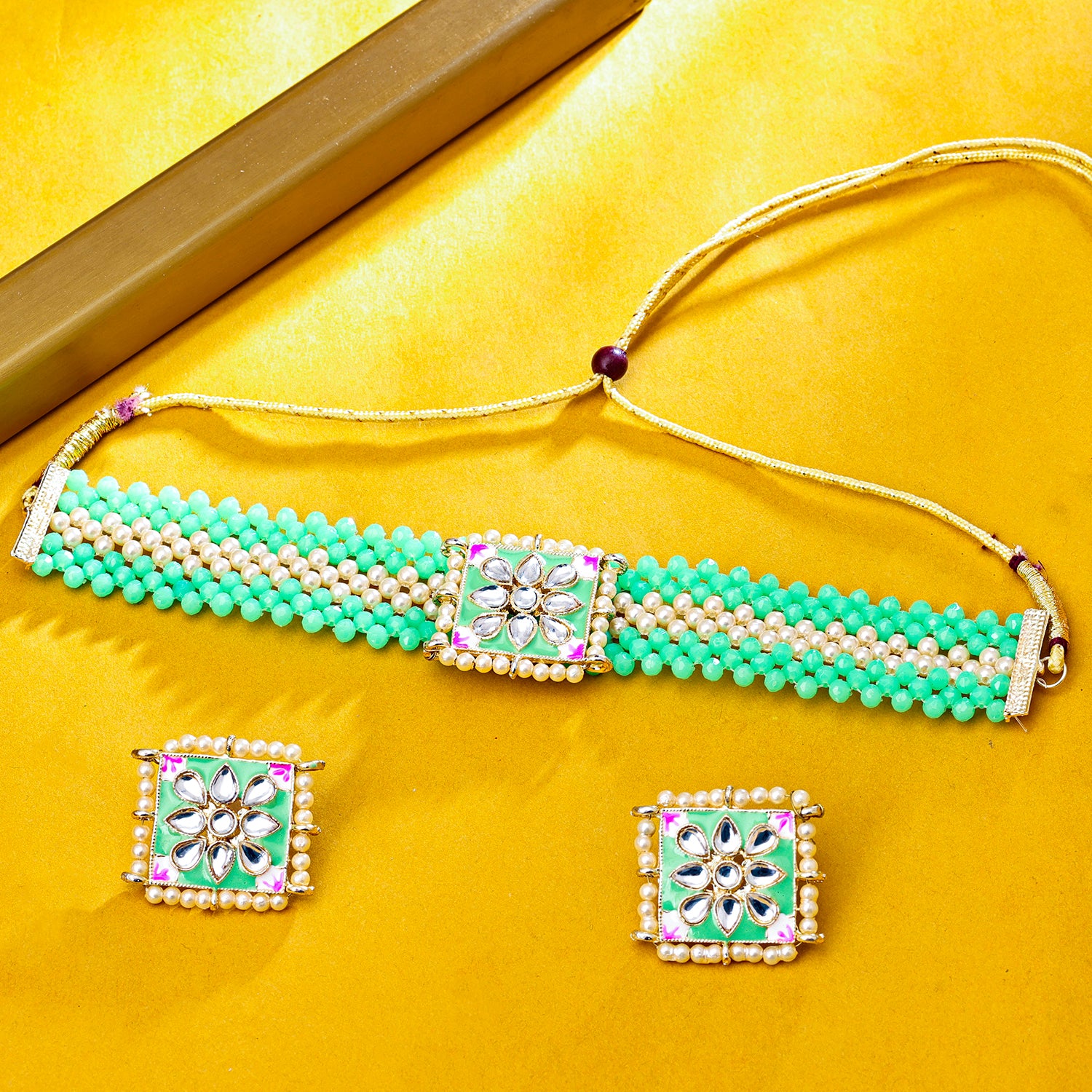 Sukkhi Gold Plated Green Kundan & Pearl Choker Necklace Set for Women