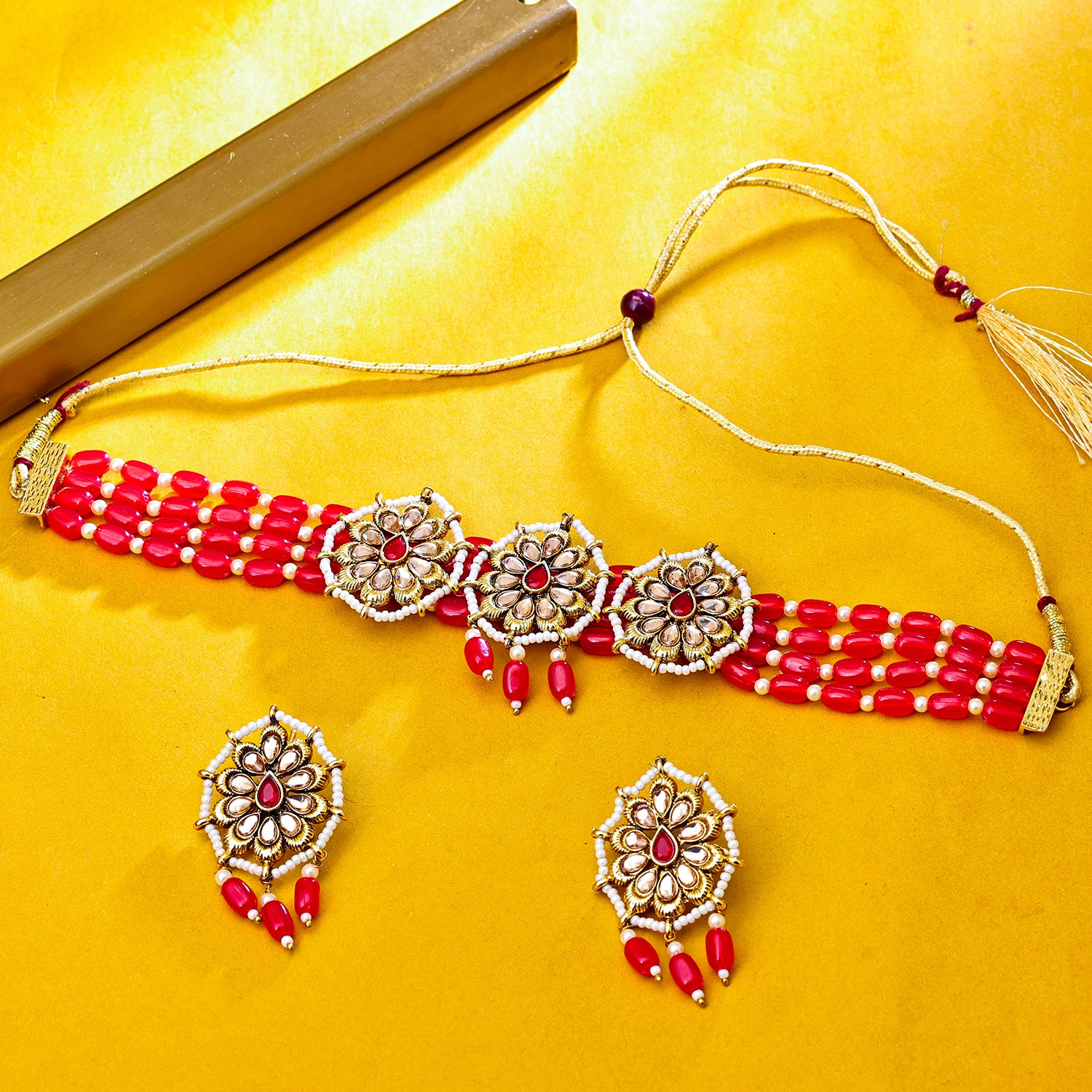 Sukkhi Gold Plated Red Reverse AD & Pearl Choker Necklace Set for Women