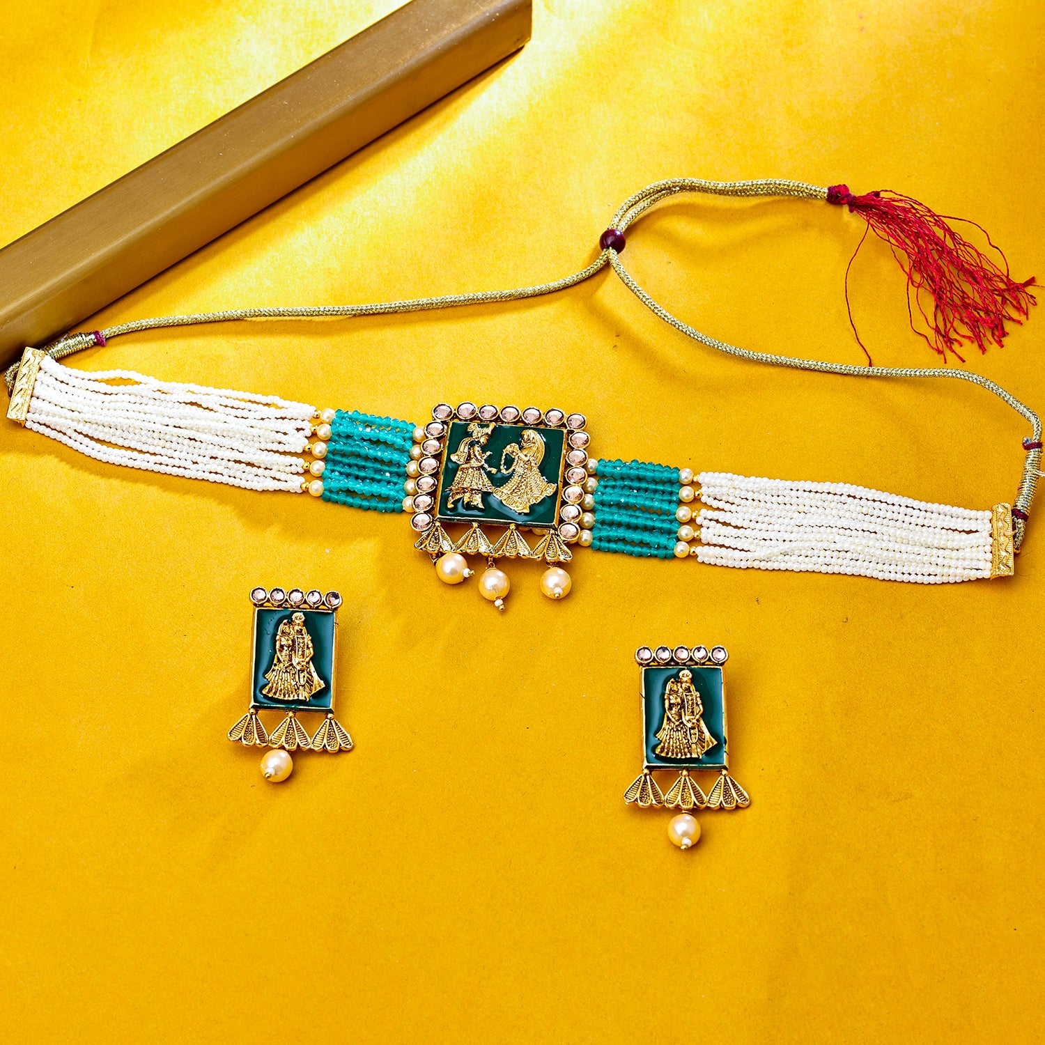 Sukkhi Gold Plated Green Reverse AD & Pearl Choker Necklace Set for Women