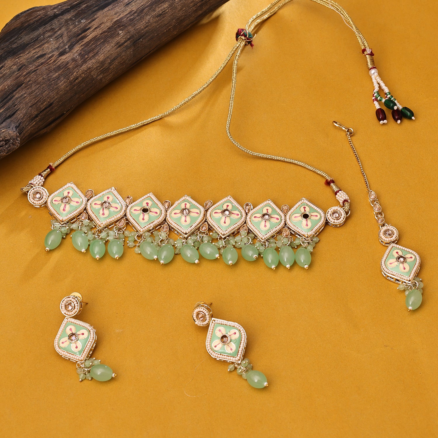 Sukkhi Gold Plated Green Reverse AD & Pearl Choker Necklace Set for Women