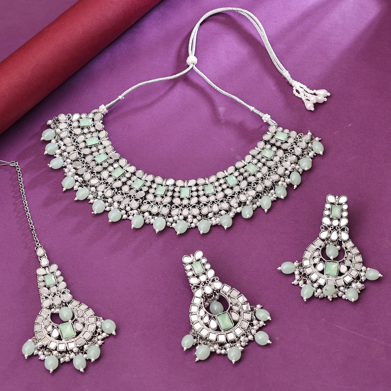 Sukkhi Rhodium Plated Green Mirror & Pearl Choker Necklace Set for Women