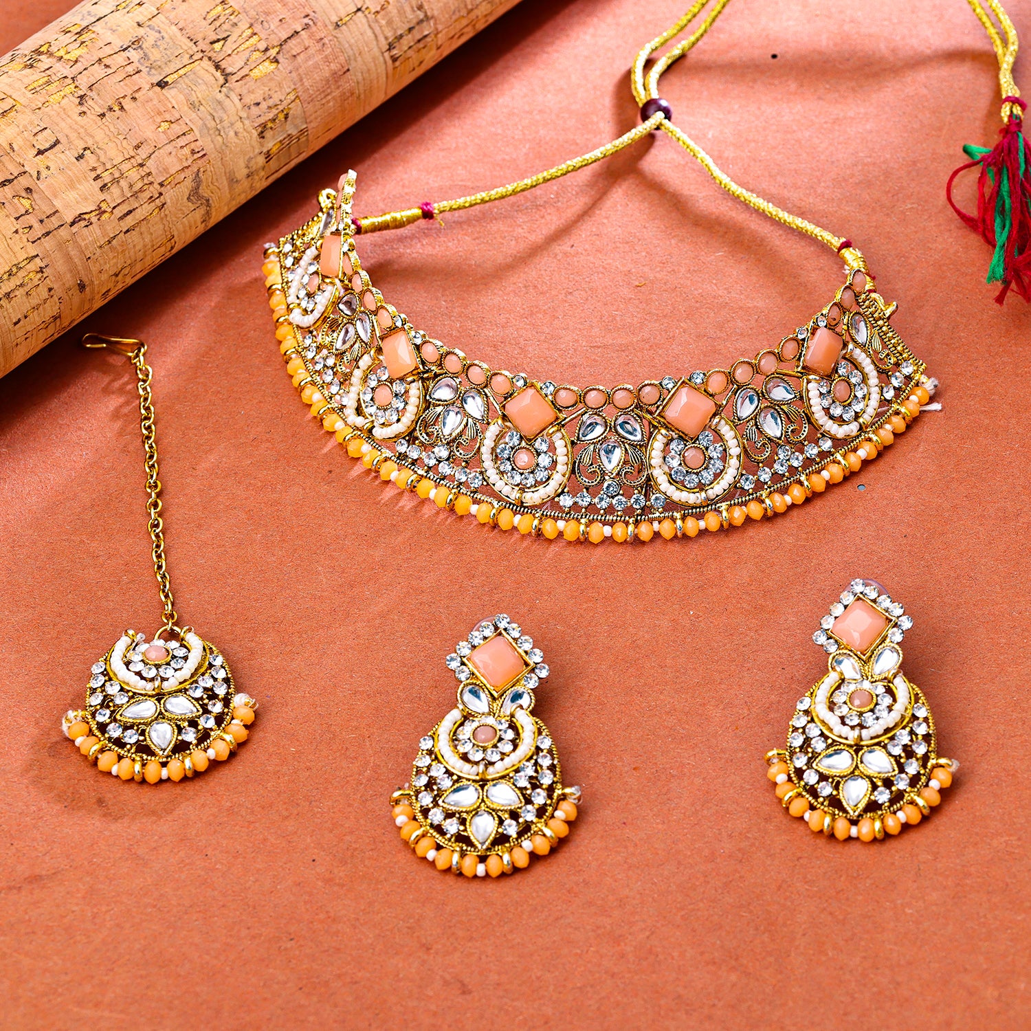 Sukkhi Gold Plated Peach Kundan & Pearl Choker Necklace Set for Women