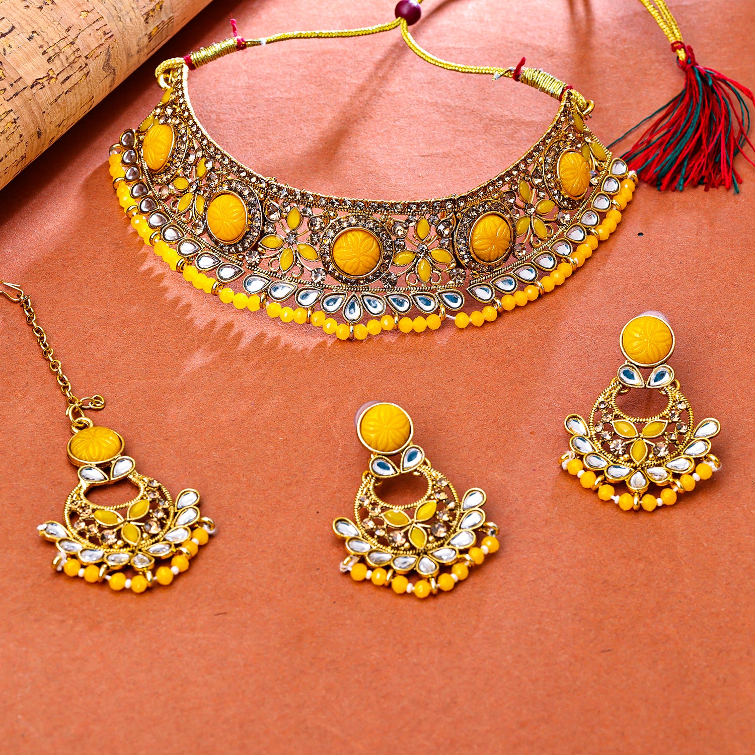 Sukkhi Gold Plated yellow Pearl Choker Necklace Set for Women