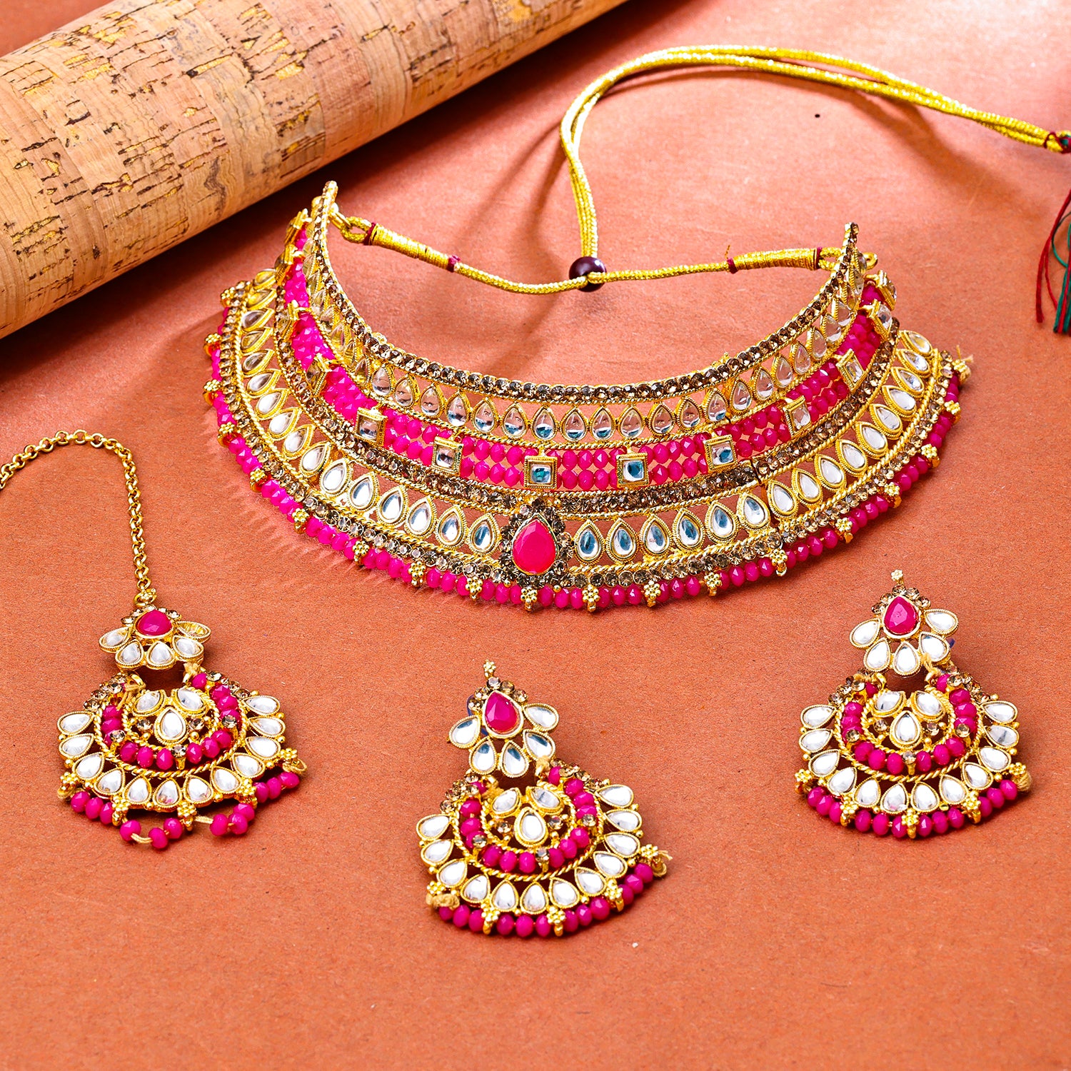Sukkhi Gold Plated Pink Kundan & Pearl Choker Necklace Set for Women