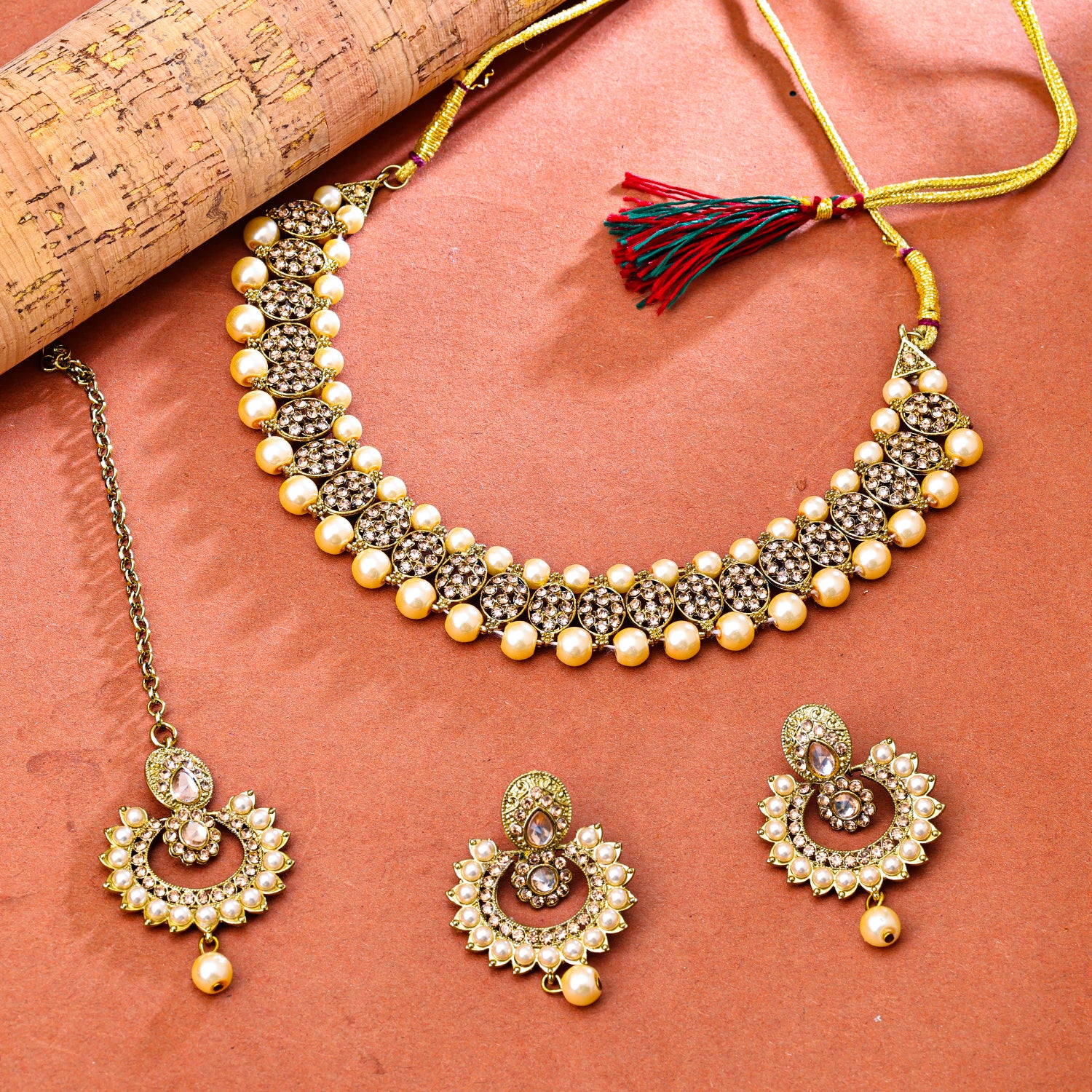 Sukkhi Gold Plated Golden Reverse AD & Pearl Choker Necklace Set for Women