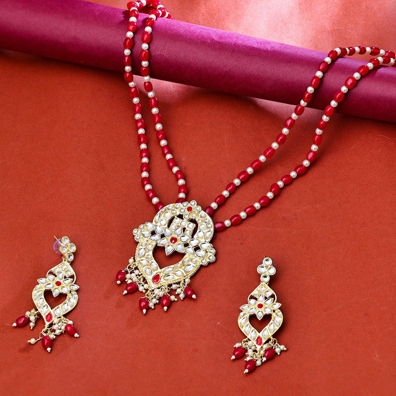 Sukkhi Gold Plated Red Kundan & Pearl Long Necklace Set for Women