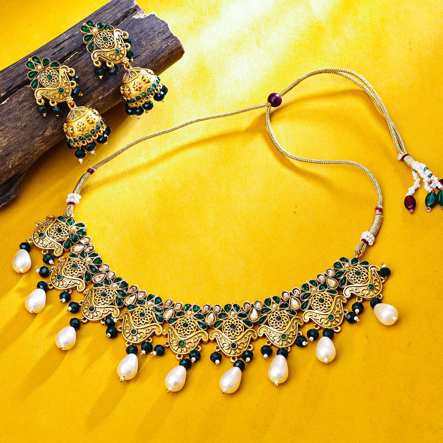 Sukkhi Gold Plated Green Reverse AD & Pearl Choker Necklace Set for Women