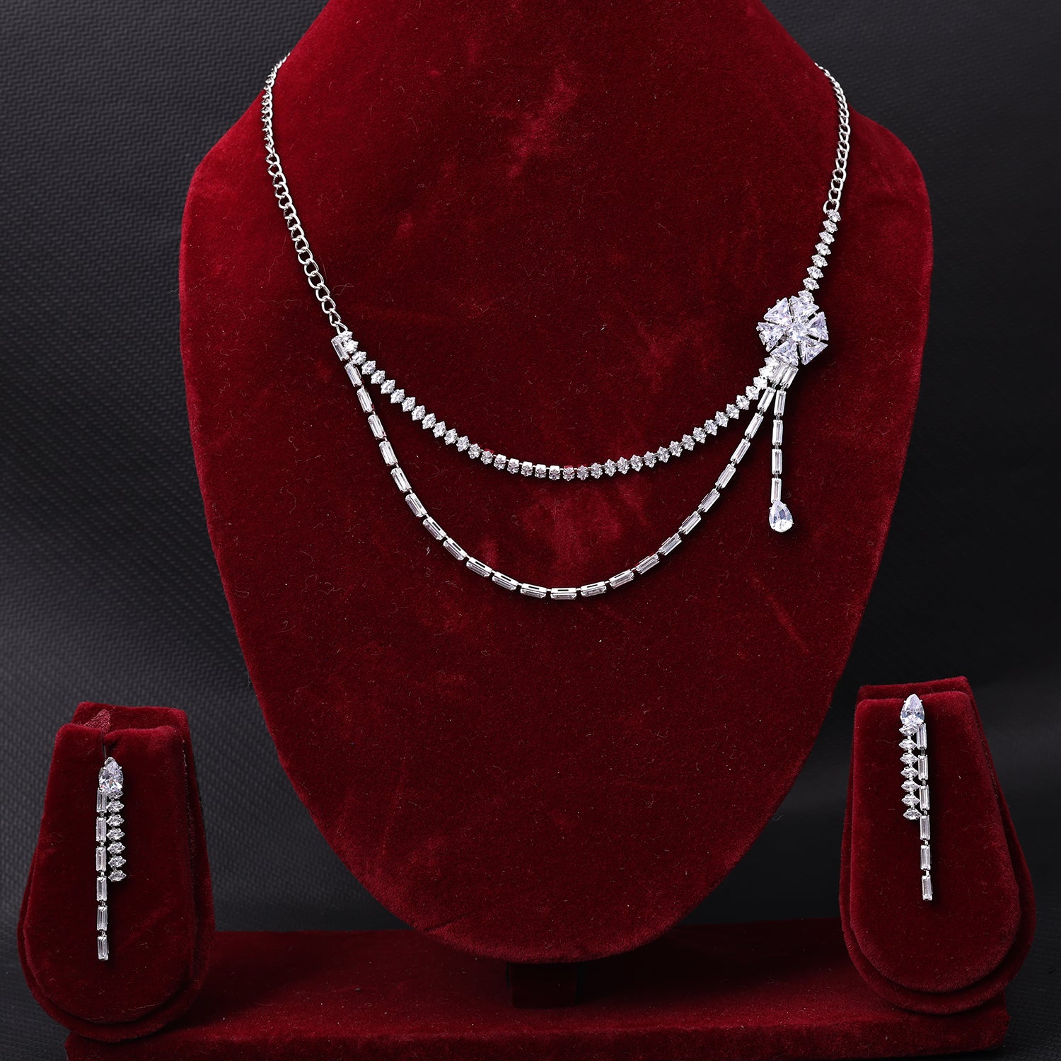 Sukkhi Rhodium Plated Silver CZ Choker Necklace Set for Women