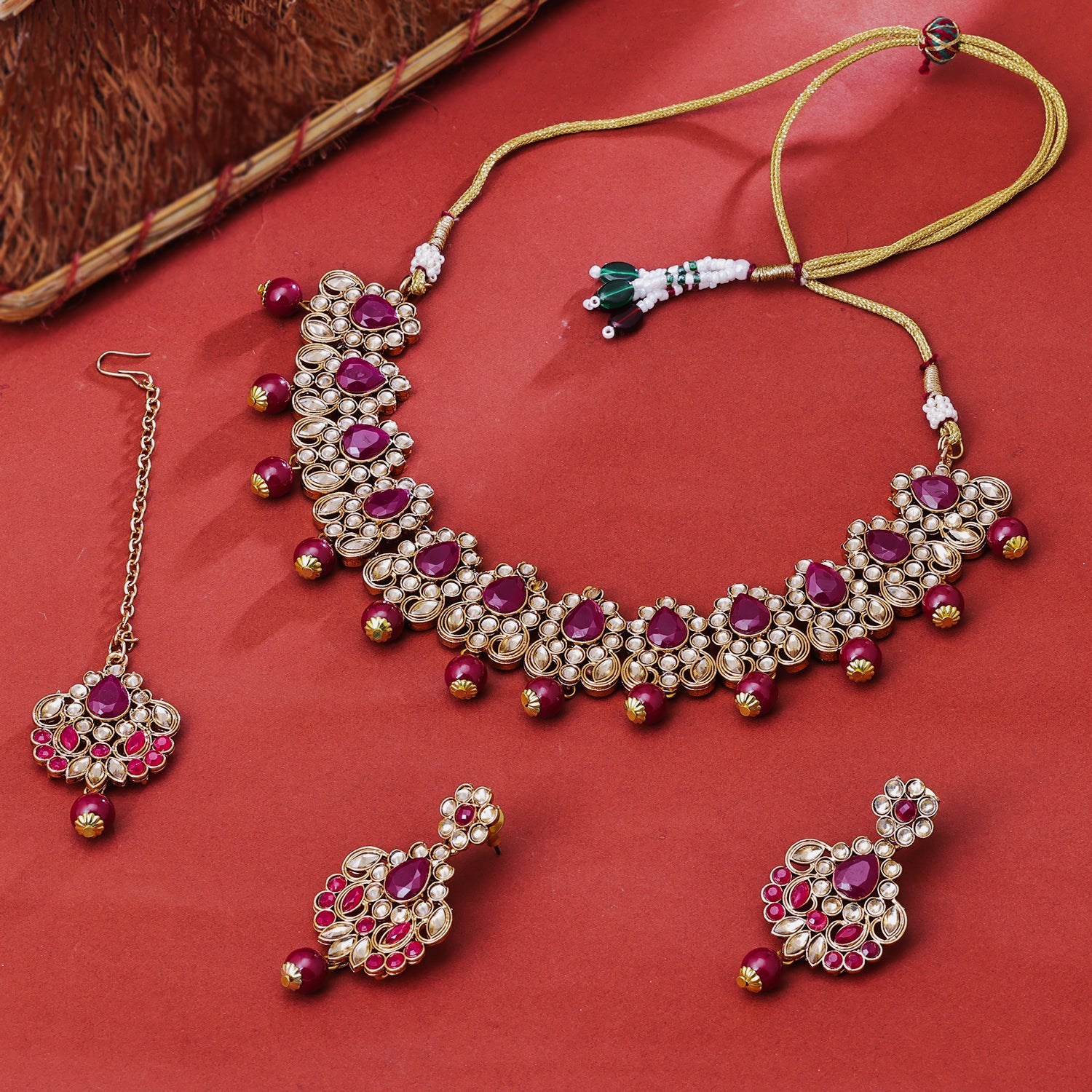Sukkhi Gold Plated Maroon Reverse AD & Pearl Choker Necklace Set for Women