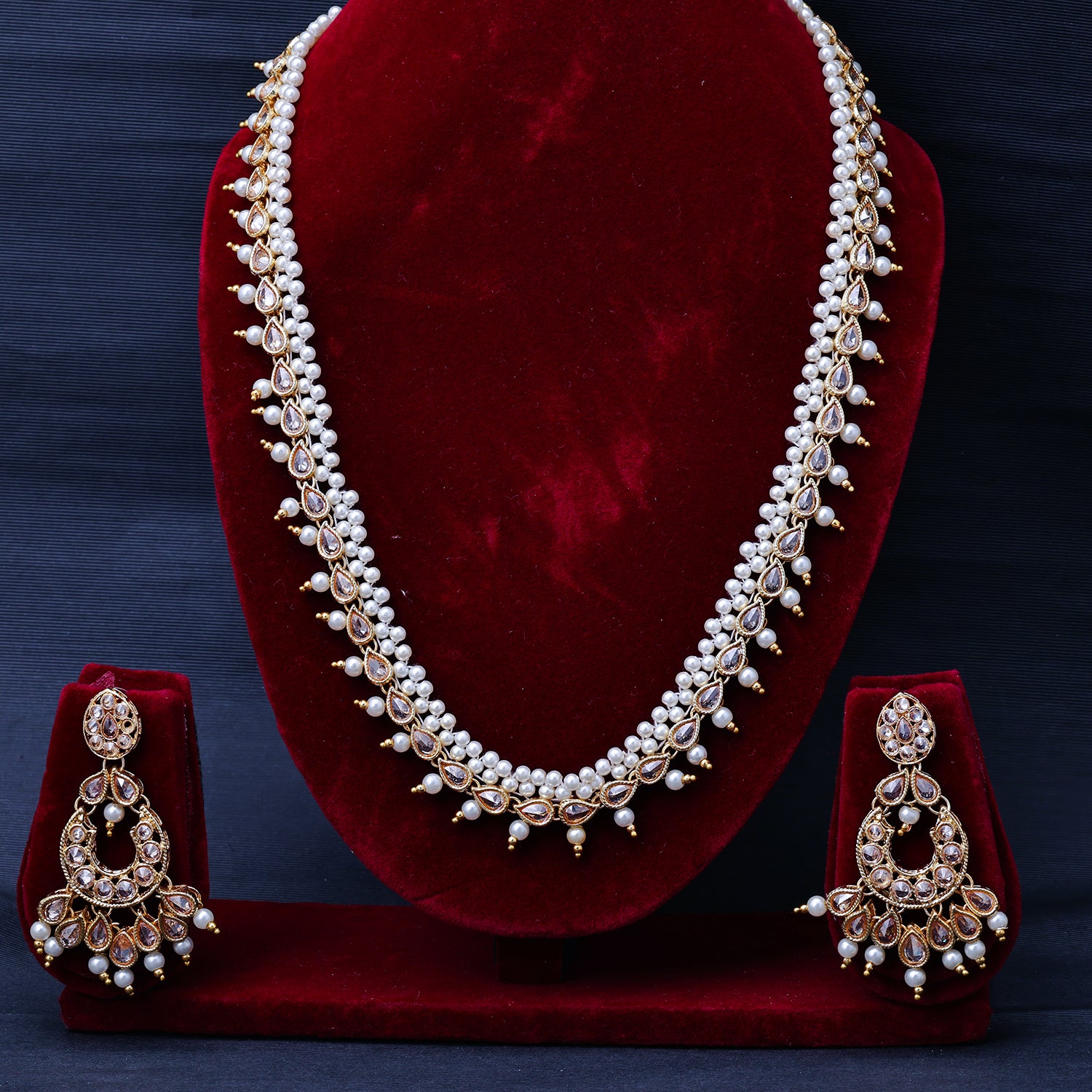 Sukkhi Gold Plated Golden Reverse AD & Pearl Long Necklace Set for Women