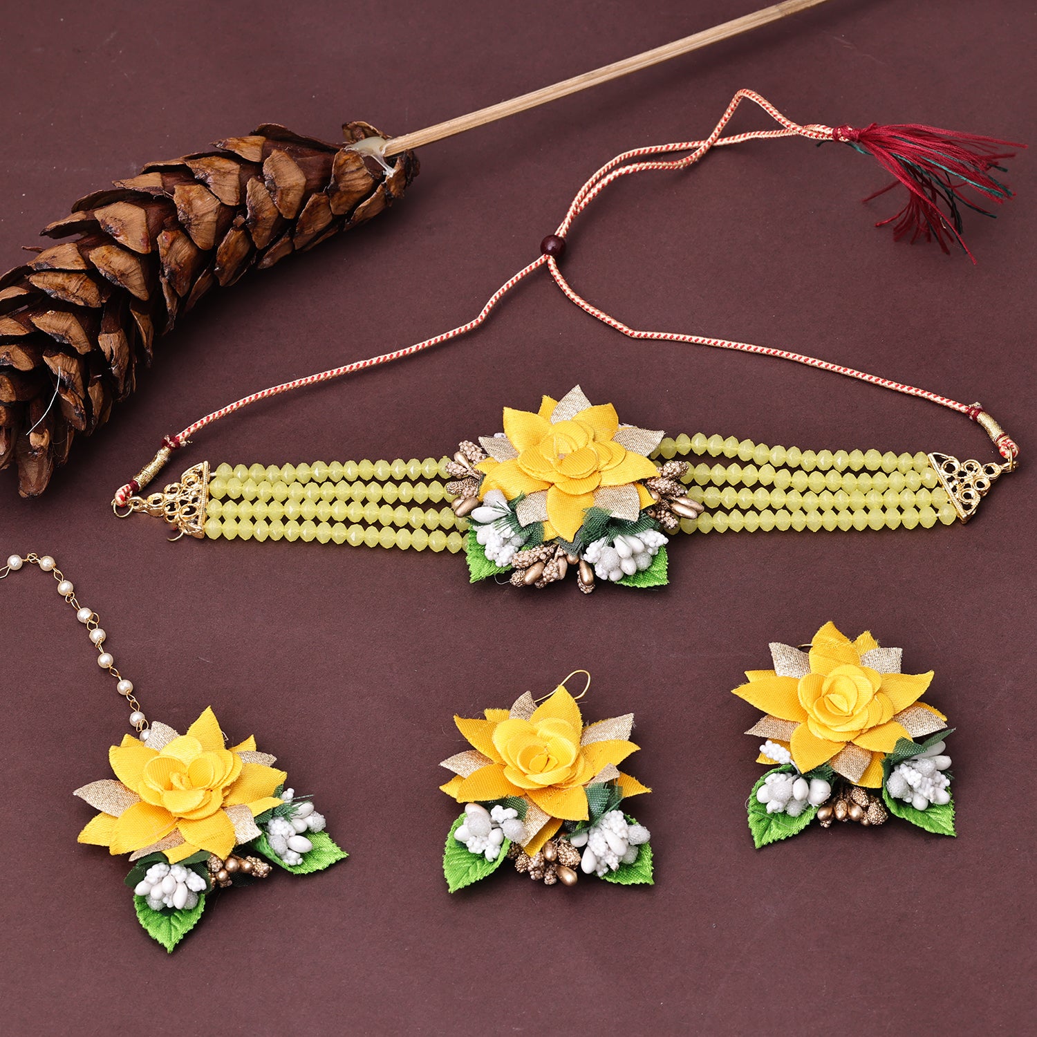 Sukkhi Fabric Yellow Pearl Choker Necklace Set for Women