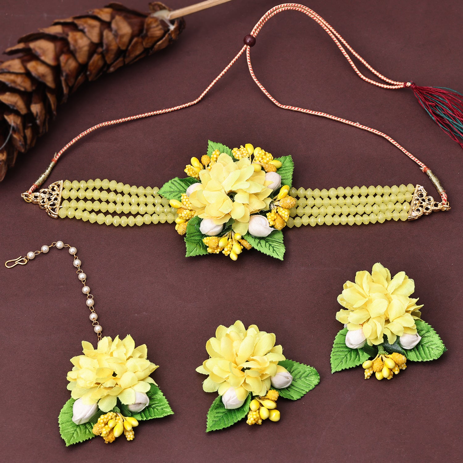 Sukkhi Fabric Yellow Pearl Choker Necklace Set for Women