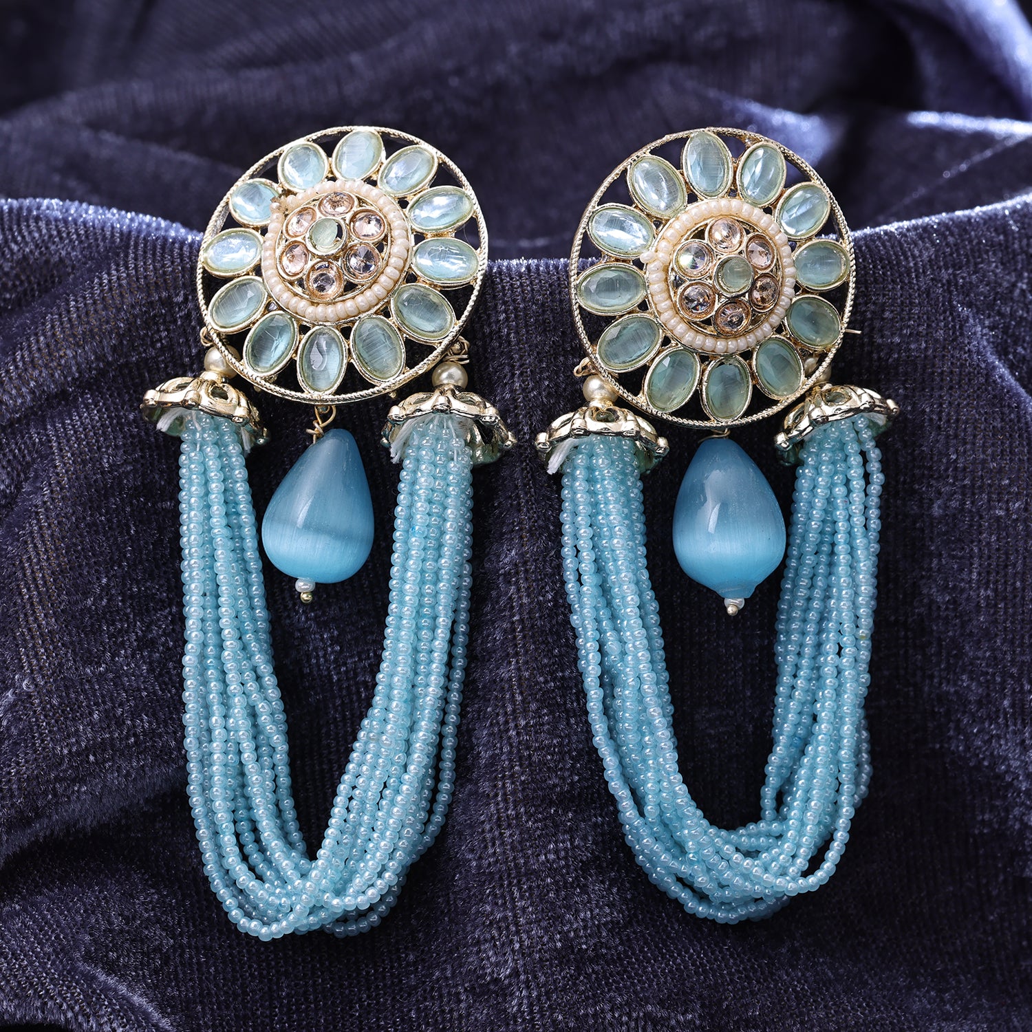 Sukkhi Gold Plated Aqua Reverse AD & Pearl Drop Earrings for Women