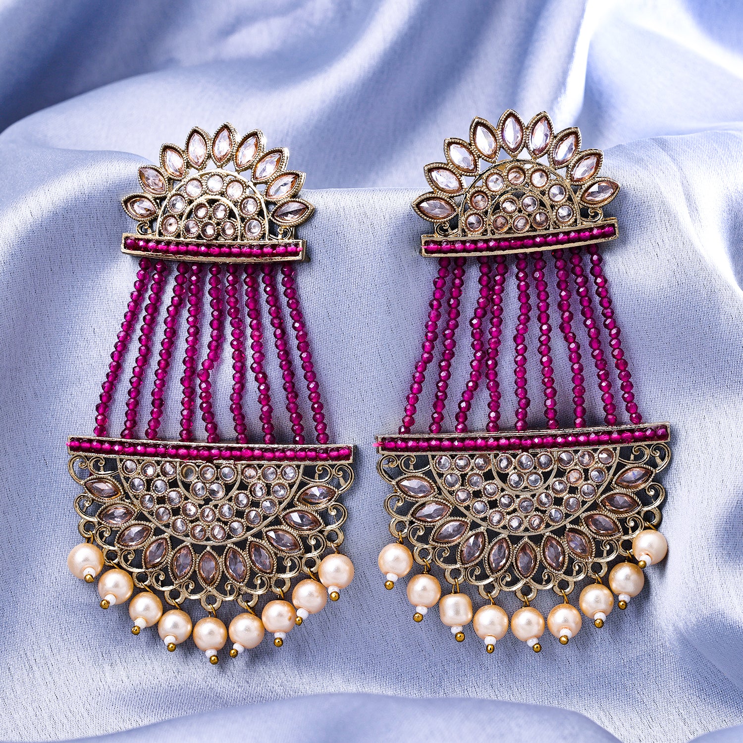 Sukkhi Gold Plated Pink Reverse AD & Pearl Dangle Earrings for Women