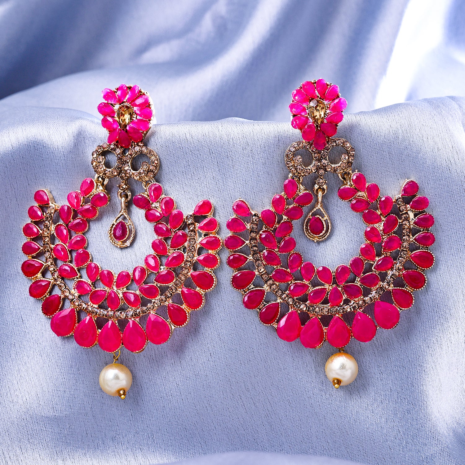 Sukkhi Gold Plated Pink Reverse AD & Pearl Dangle Earrings for Women