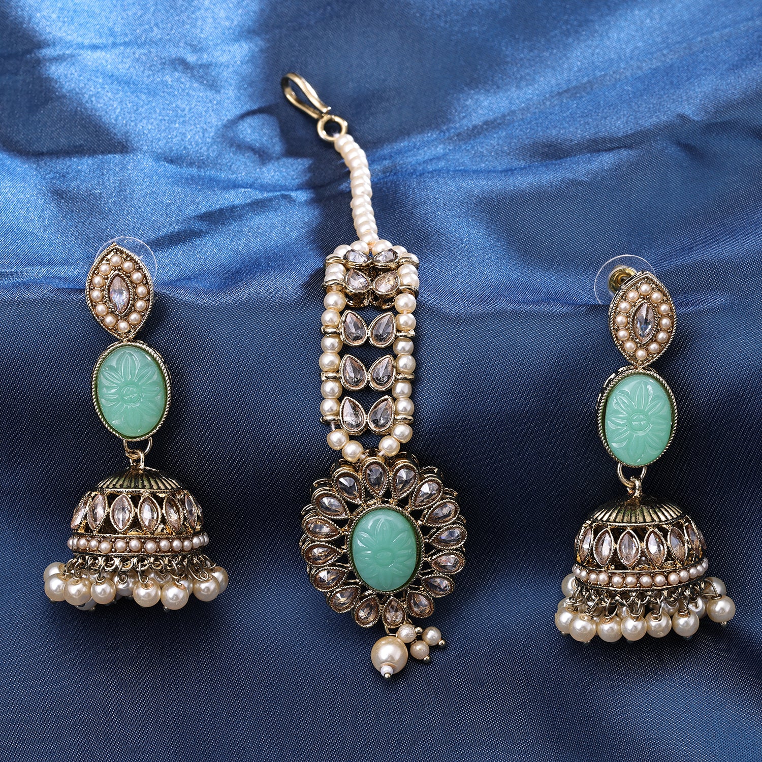 Sukkhi Gold Plated Aqua Reverse AD & Pearl Jhumki Earrings for Women